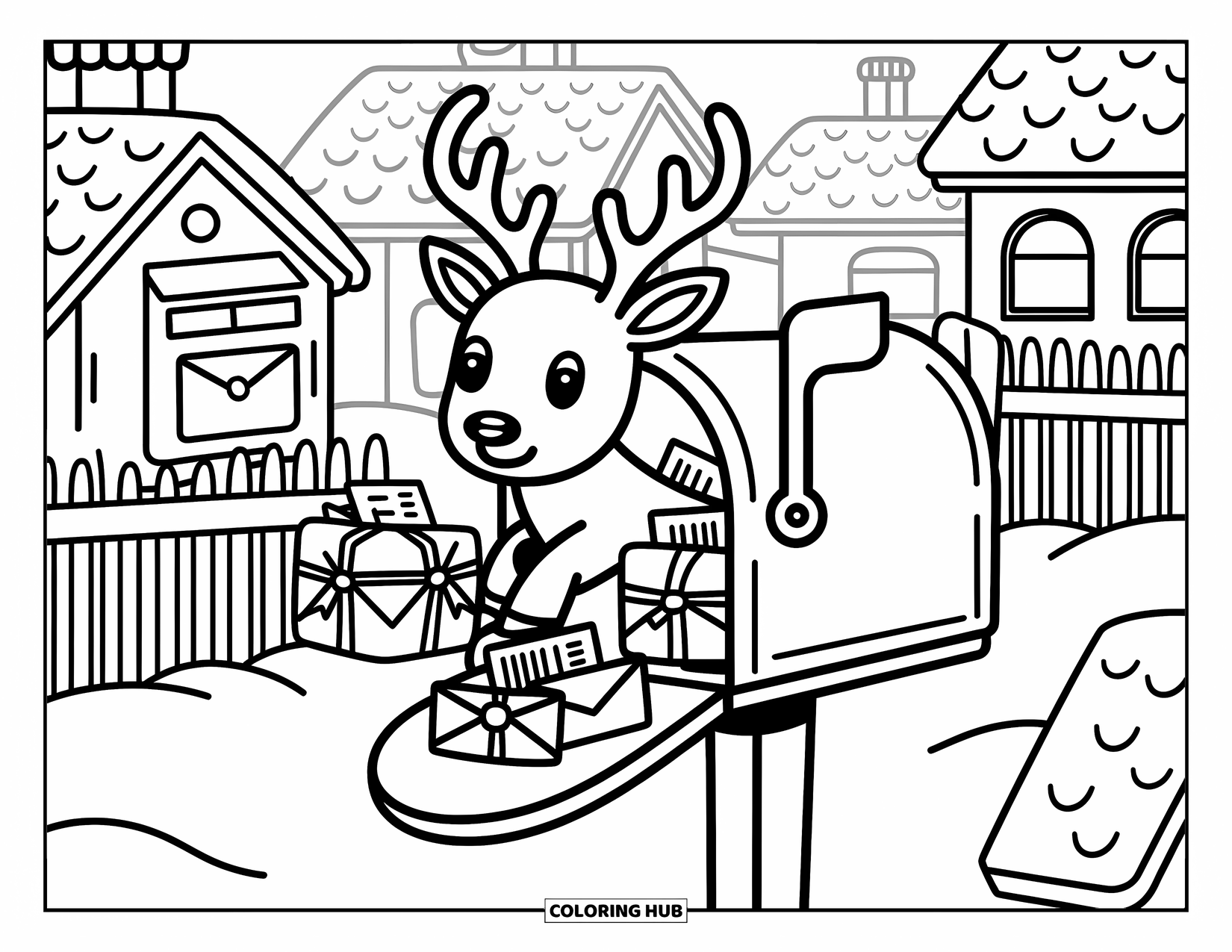 Reindeer Coloring Page for Adults: Reindeer in a mailbox peeks out playfully among letters, bows, and snowy rooftops