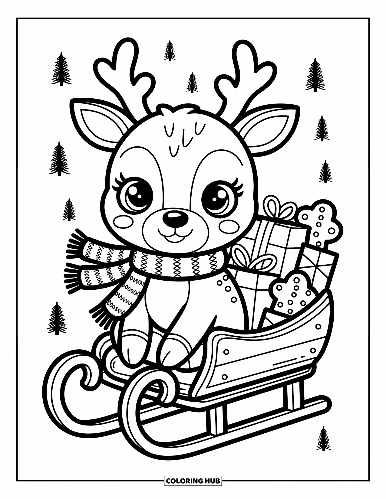 Reindeer Coloring Page for Adults: Reindeer in a patterned scarf rides a sled full of gifts, bells, and cookies