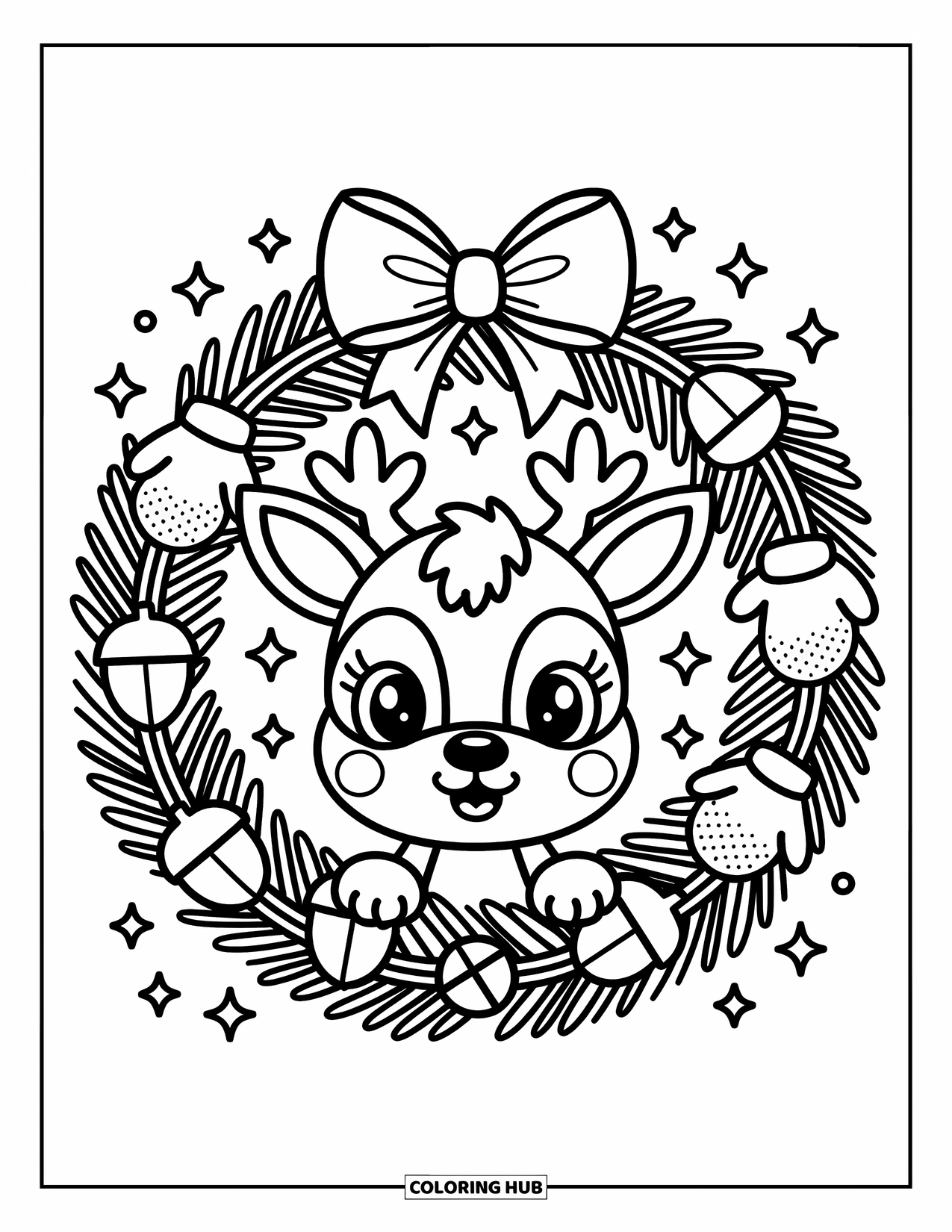 Reindeer Coloring Page for Adults: Reindeer peeks through a wreath with mittens and bells, surrounded by playful stars