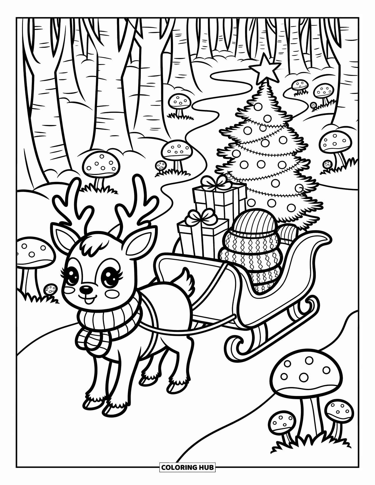Reindeer Coloring Page for Adults: Reindeer pulls a sleigh with a tiny tree, sweaters, and glowing lanterns in the forest