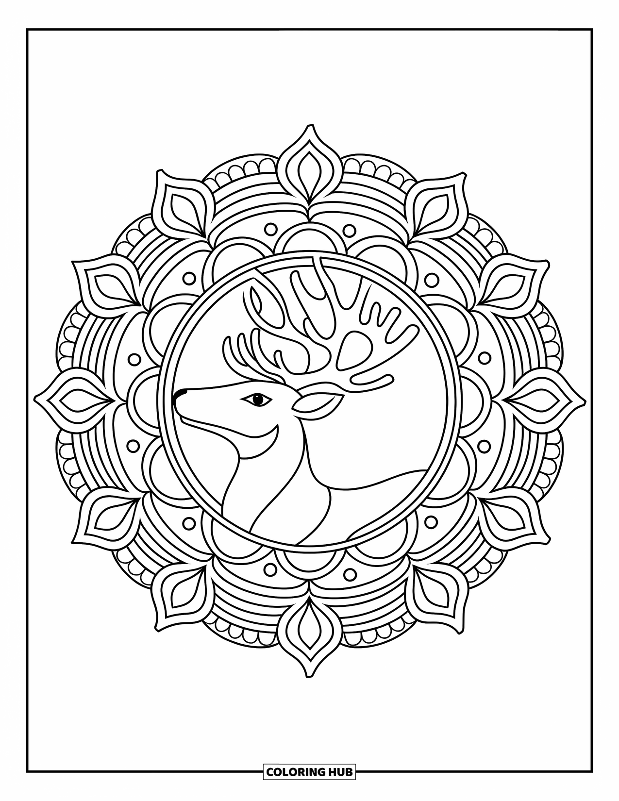 Reindeer Coloring Page for Adults: Reindeer sits in the center of a mandala filled with patterns and elegant lines