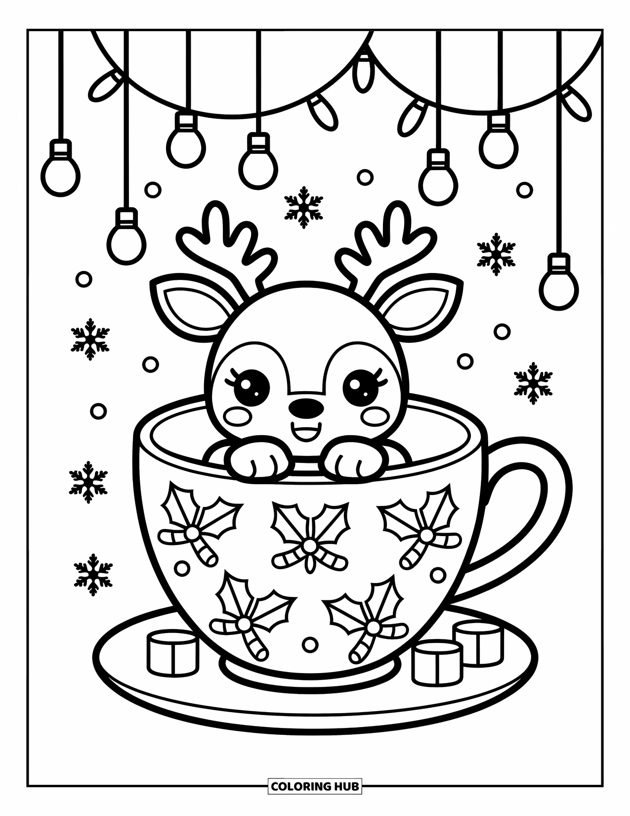 Reindeer Coloring Page for Adults: Reindeer snuggles inside a decorated teacup with marshmallows, holly, and candy canes