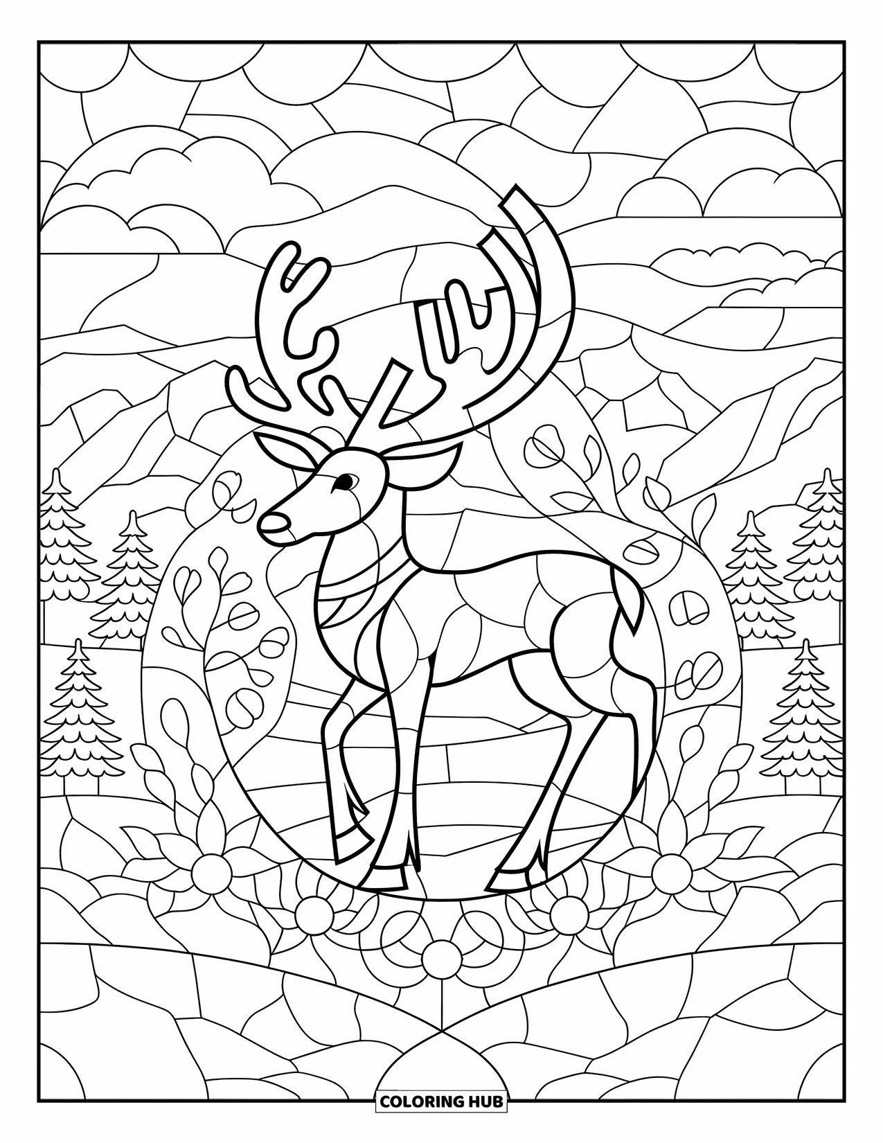 Reindeer Coloring Page for Adults: Reindeer stands on a hill surrounded by stained-glass-style snowflakes and branches