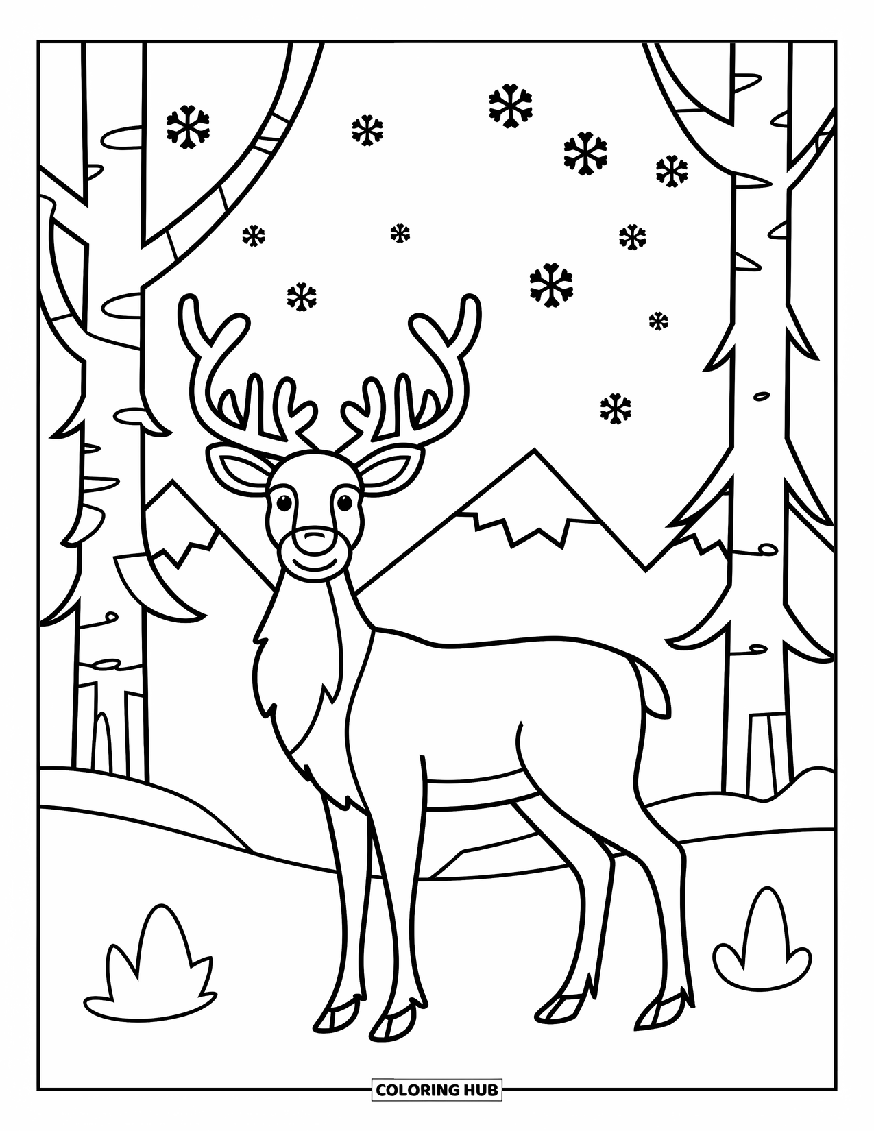 Reindeer Coloring Page for Adults: Reindeer stands proudly among Nordic trees with snowy branches and mountain views