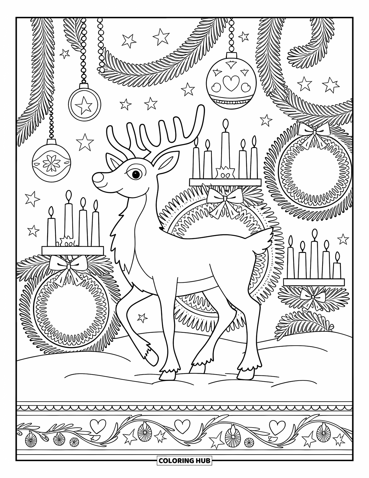 Reindeer Coloring Page for Adults: Reindeer surrounded by stars and garlands stands in a decorated winter room