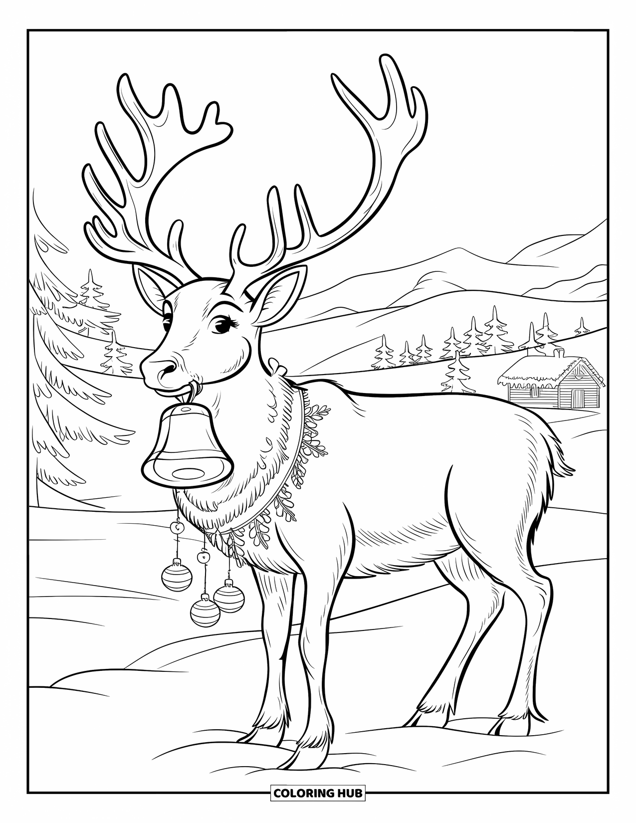 Reindeer Coloring Page for Adults: Reindeer with a jingle bell collar stands in snow under hanging ornaments and garlands