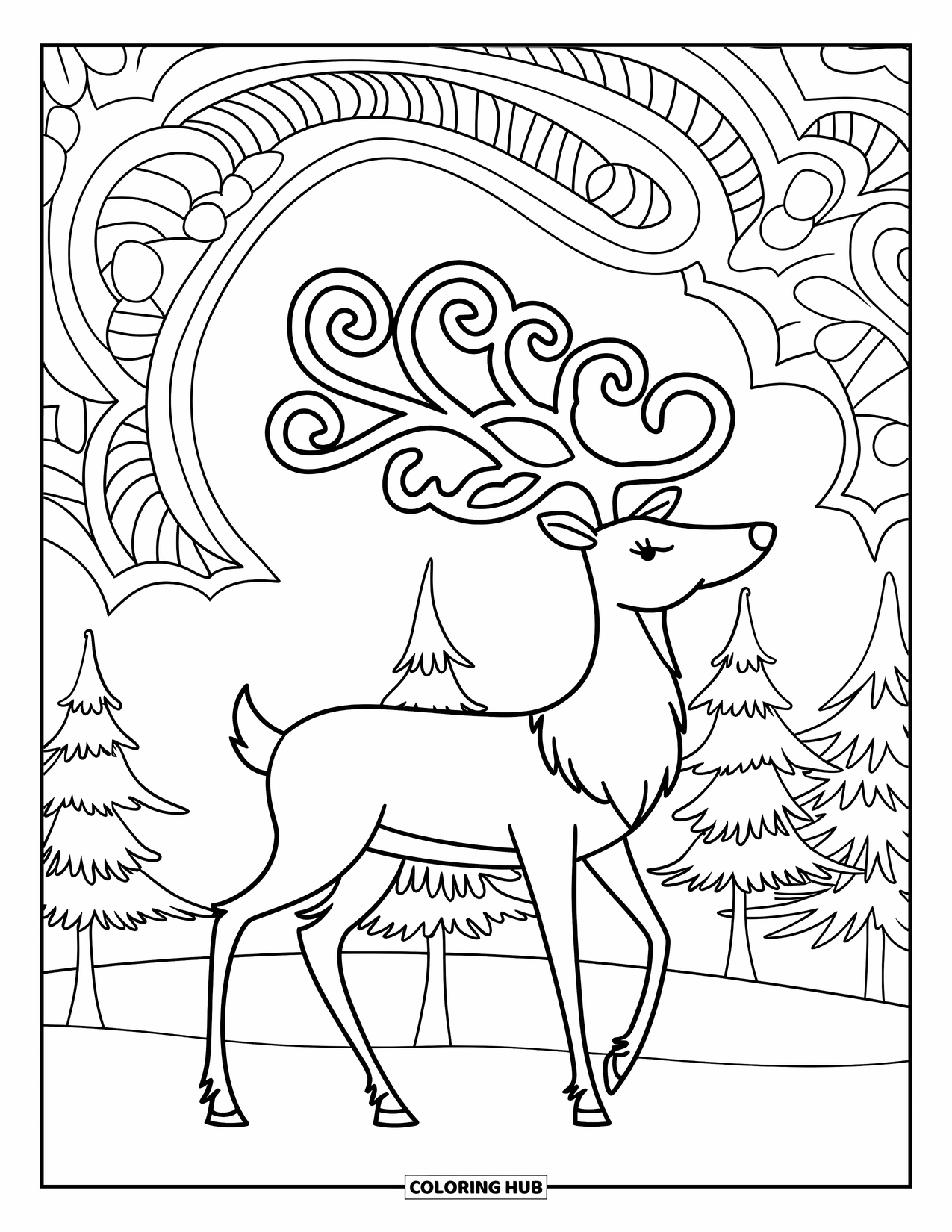 Reindeer Coloring Page for Adults: Reindeer with artistic antlers stands in a patterned snowy forest scene