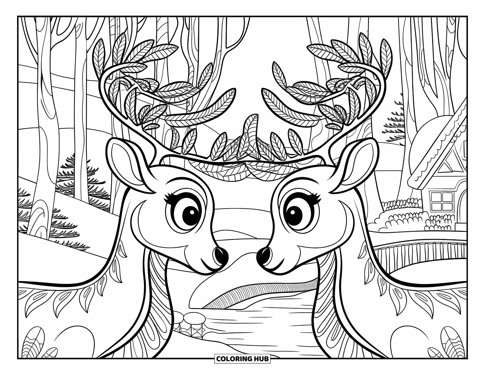 Reindeer Coloring Page for Adults: Reindeer with intertwining floral antlers stand in a snowy forest by a cottage