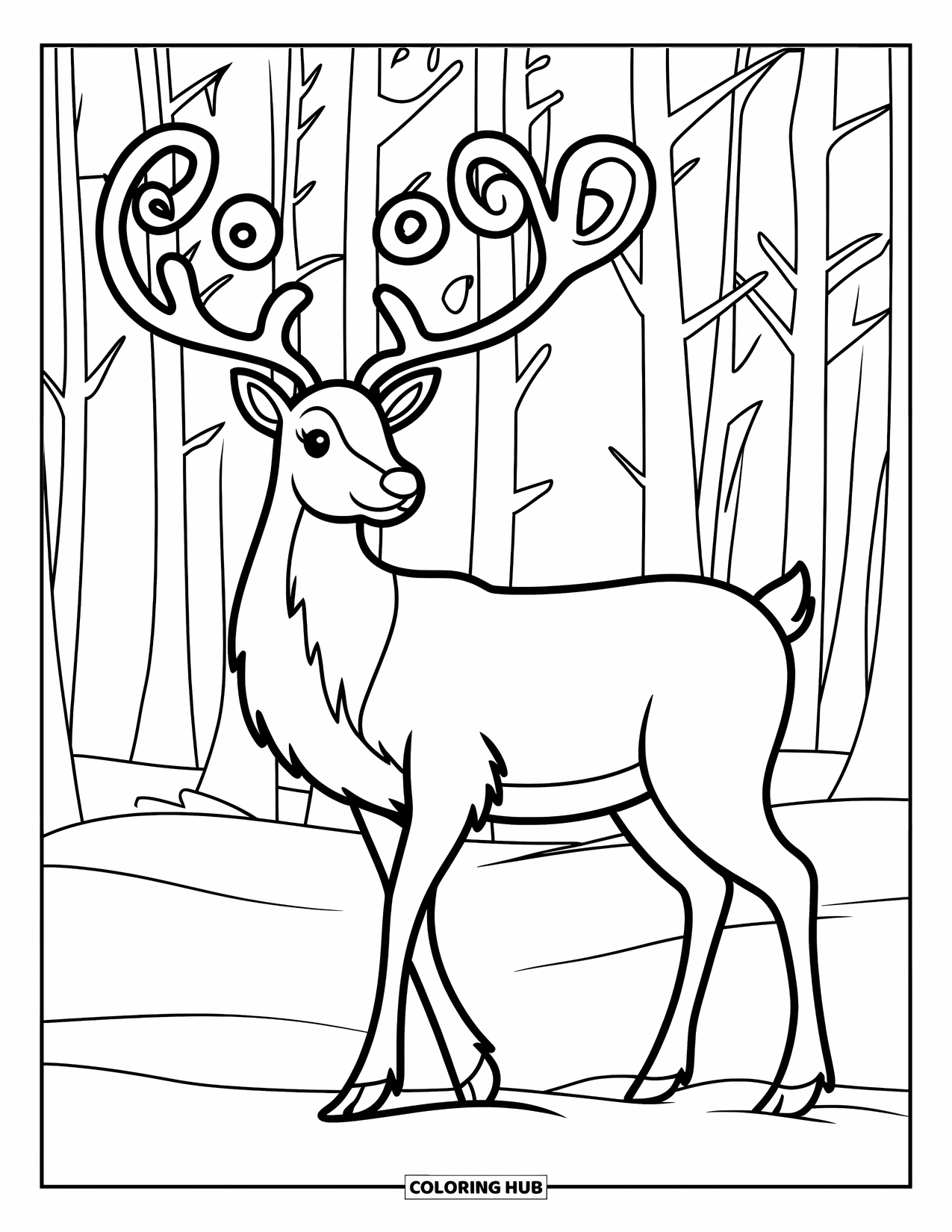 Reindeer Coloring Page for Adults: Reindeer with swirly antler crown stands tall in a snow-covered forest