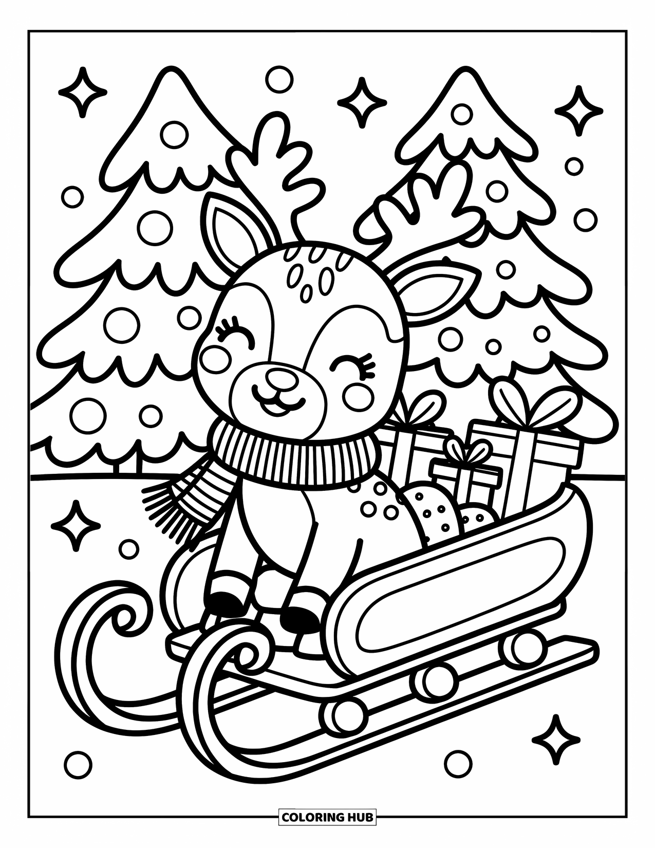 Reindeer Coloring Page for Adults: Smiling reindeer rests on a sled packed with presents and gingerbread treats