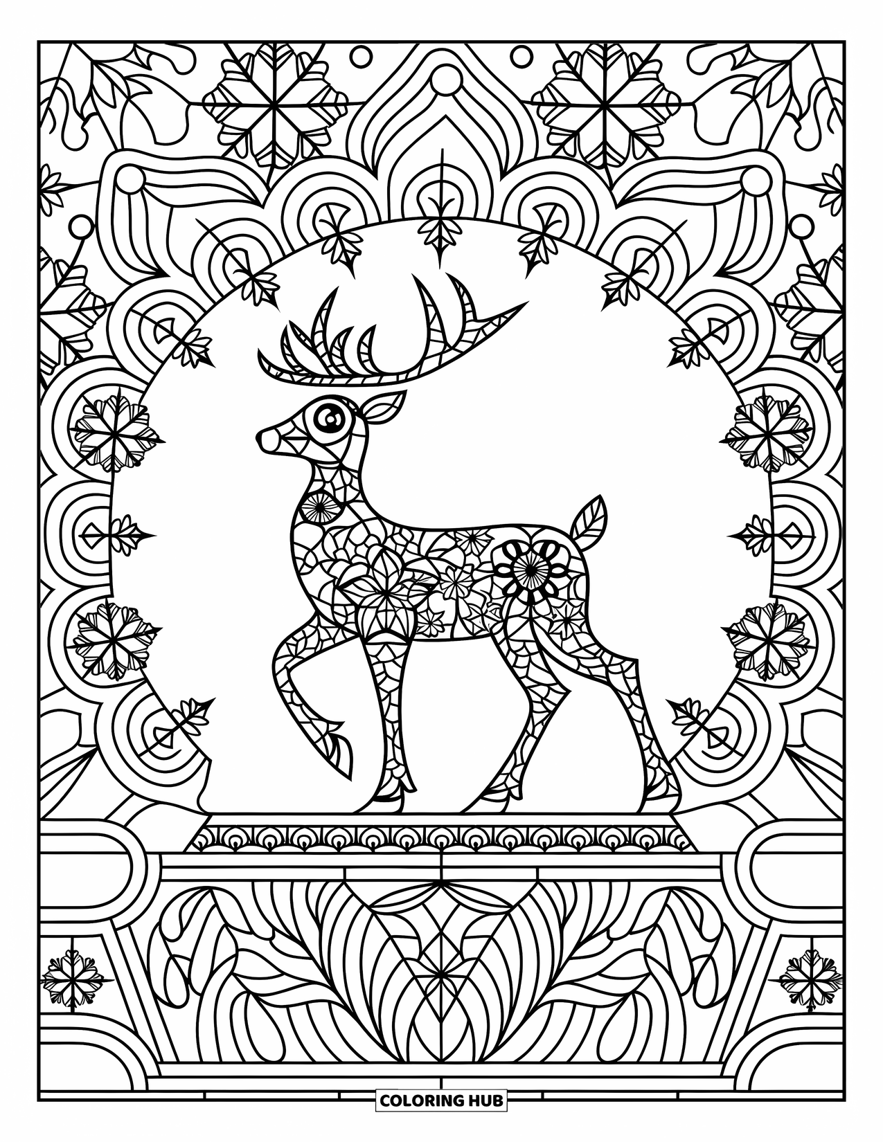 Reindeer Coloring Page for Adults: Stained-glass reindeer stands on patterned snow with floral snowflakes all around