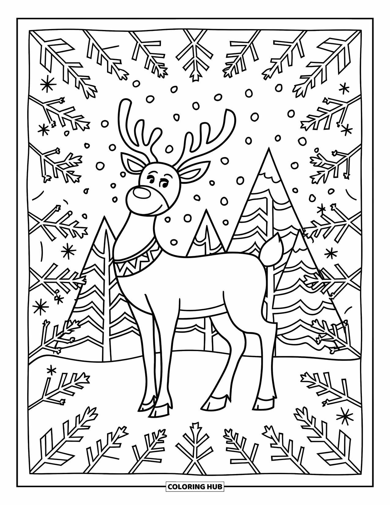 Reindeer Coloring Page for Adults: Symmetrical forest scene with reindeer, snowflakes, and Nordic-style branches