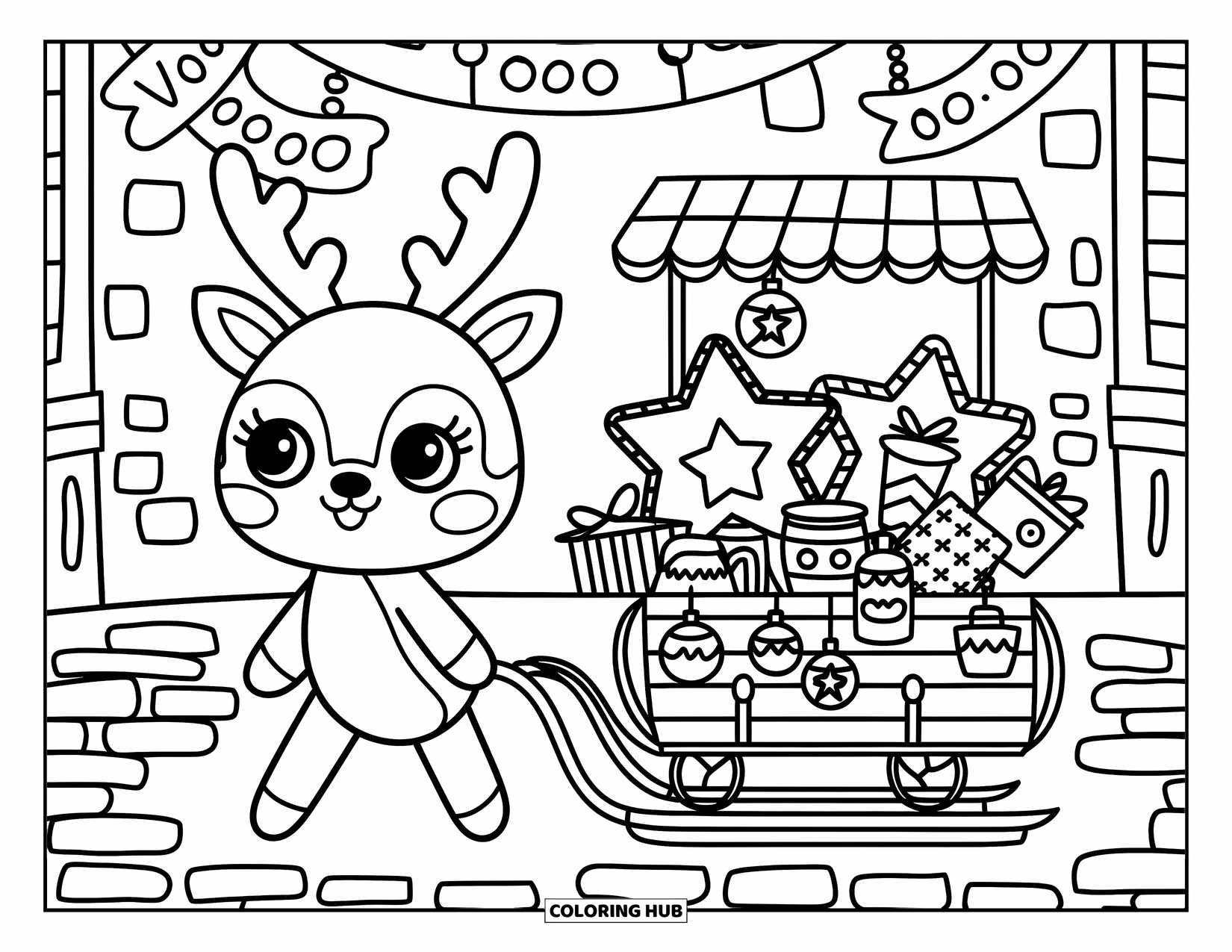 Reindeer Coloring Page for Adults: Tiny reindeer pushes a sled cart filled with crafts through a cozy winter street