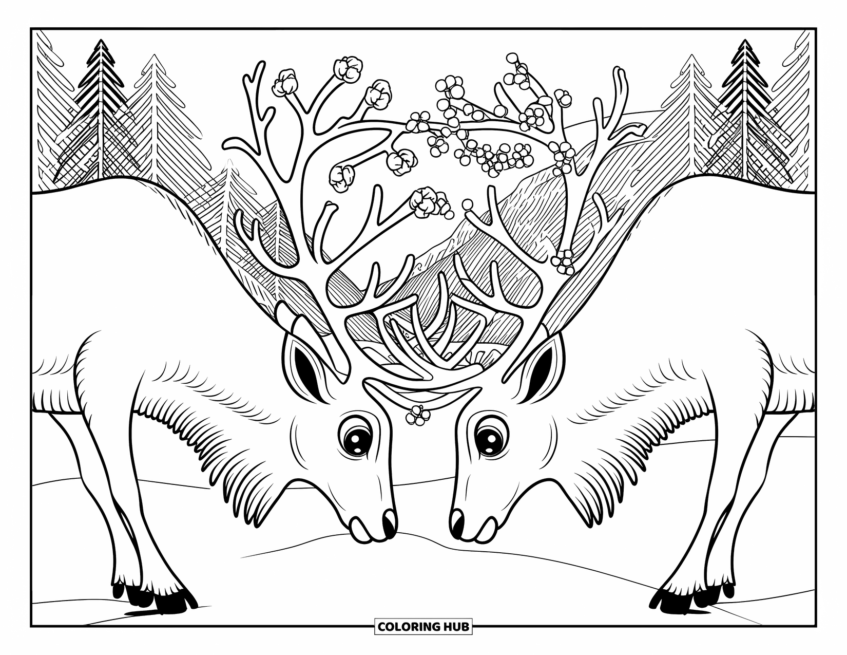 Reindeer Coloring Page for Adults: Two reindeer face each other with floral antlers in a peaceful winter forest