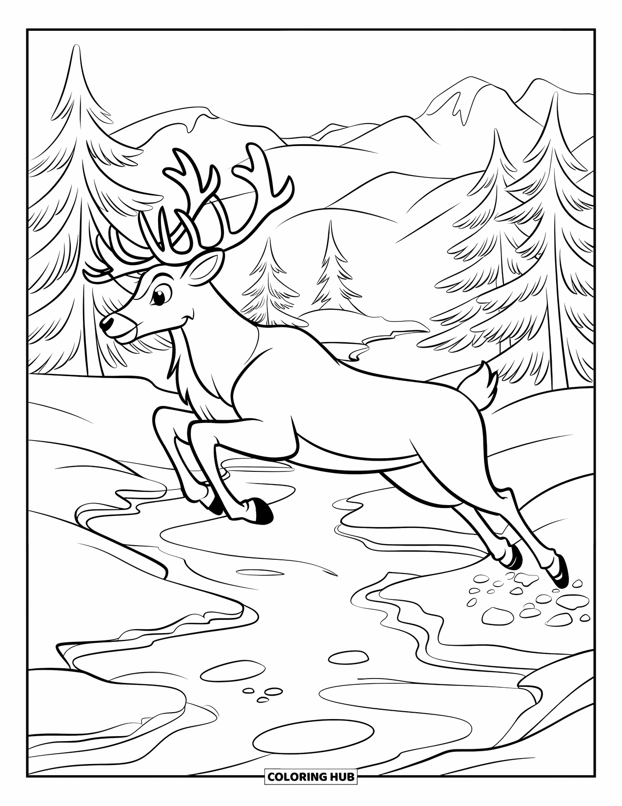 Reindeer Coloring Page for Kids: A leaping reindeer crosses an icy stream near snow-covered pine trees and hills