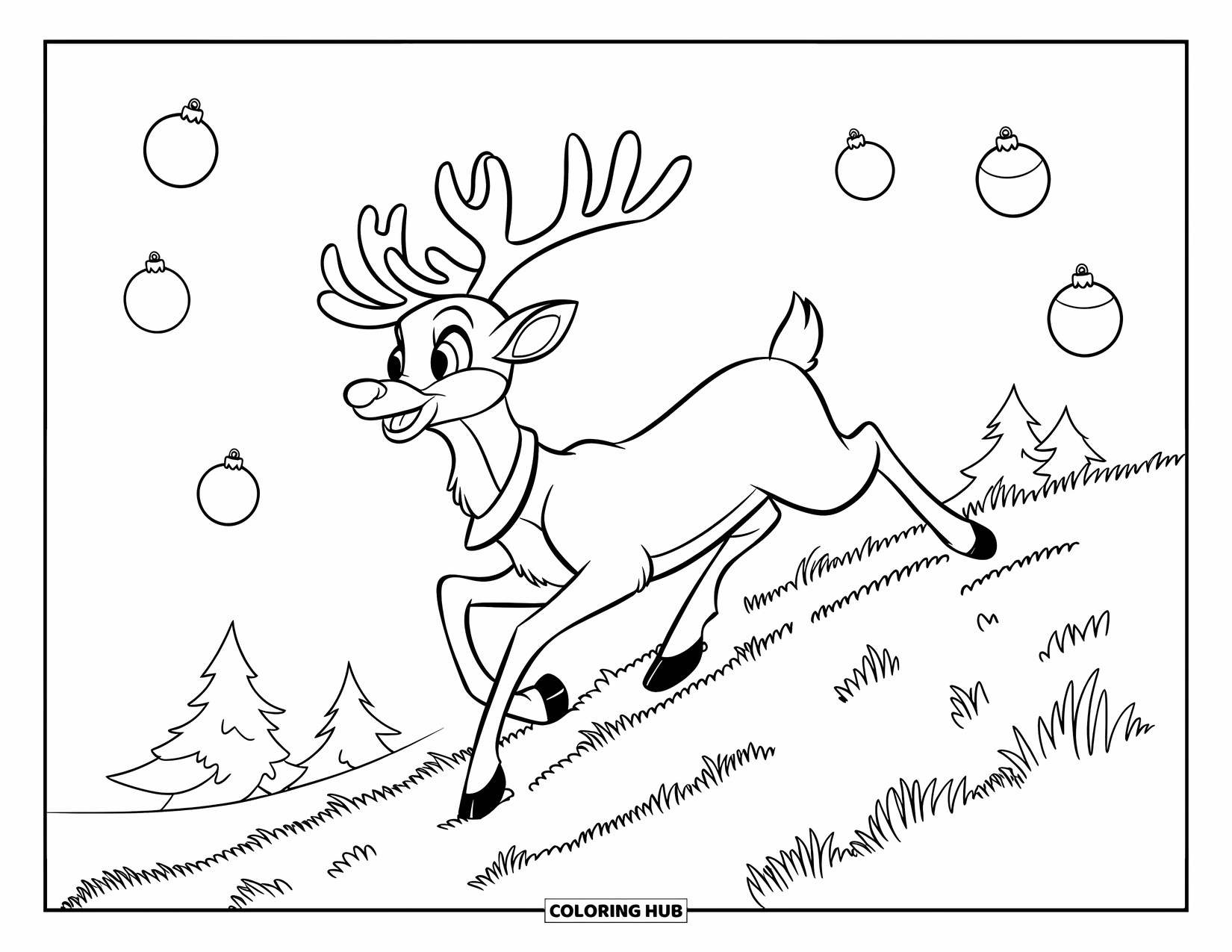 Reindeer Coloring Page for Kids: A red-nosed reindeer dashes up a hill chasing floating ornaments