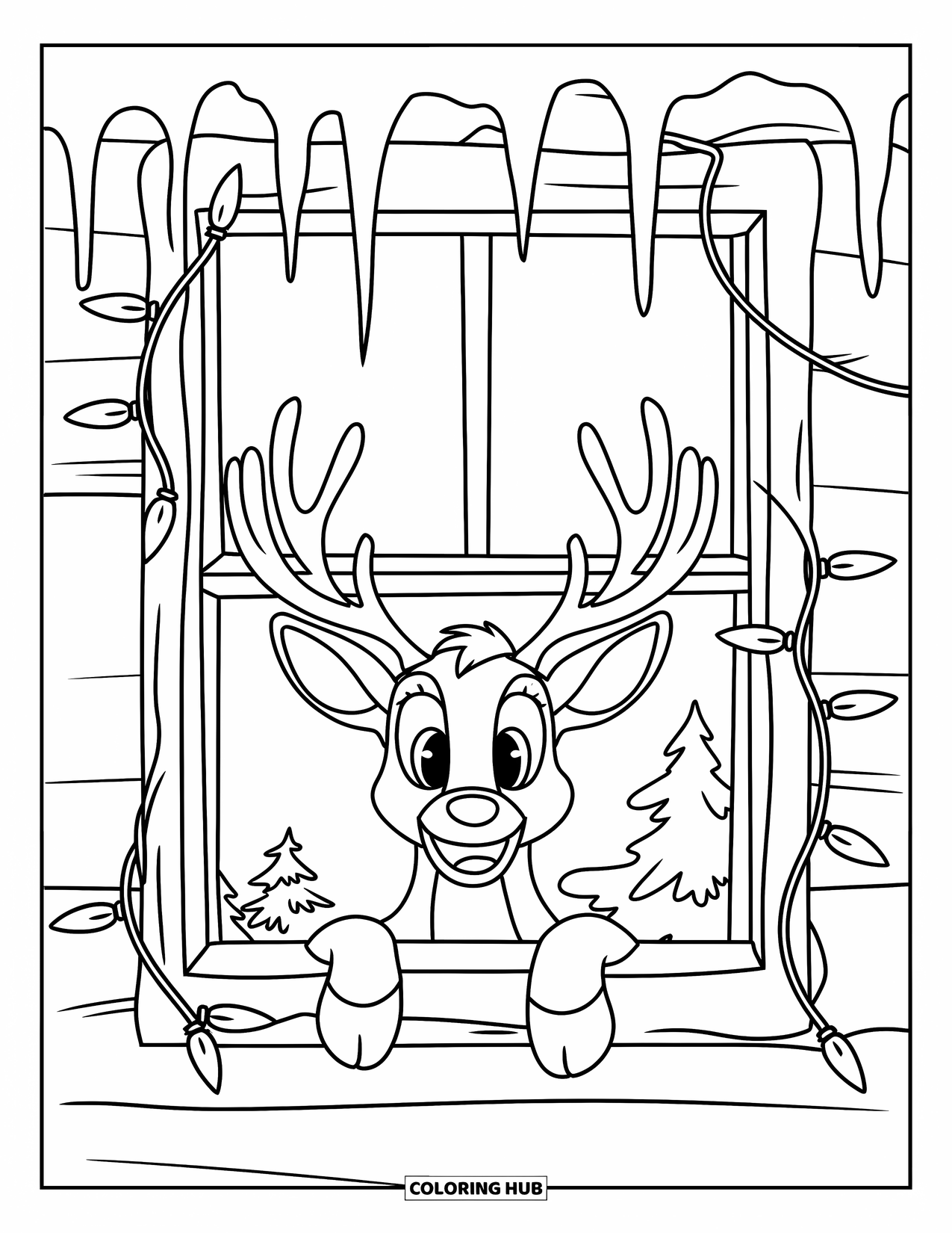 Reindeer Coloring Page for Kids: A reindeer peers through a frosty window with twinkling lights and snowy trees