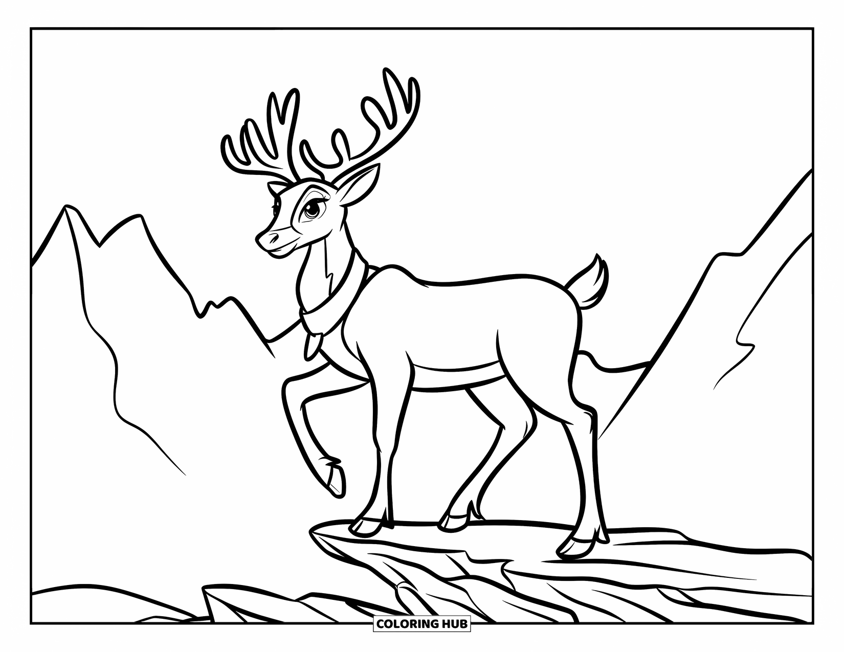 Reindeer Coloring Page for Kids: A reindeer poses on a rocky cliff with distant mountains in the background