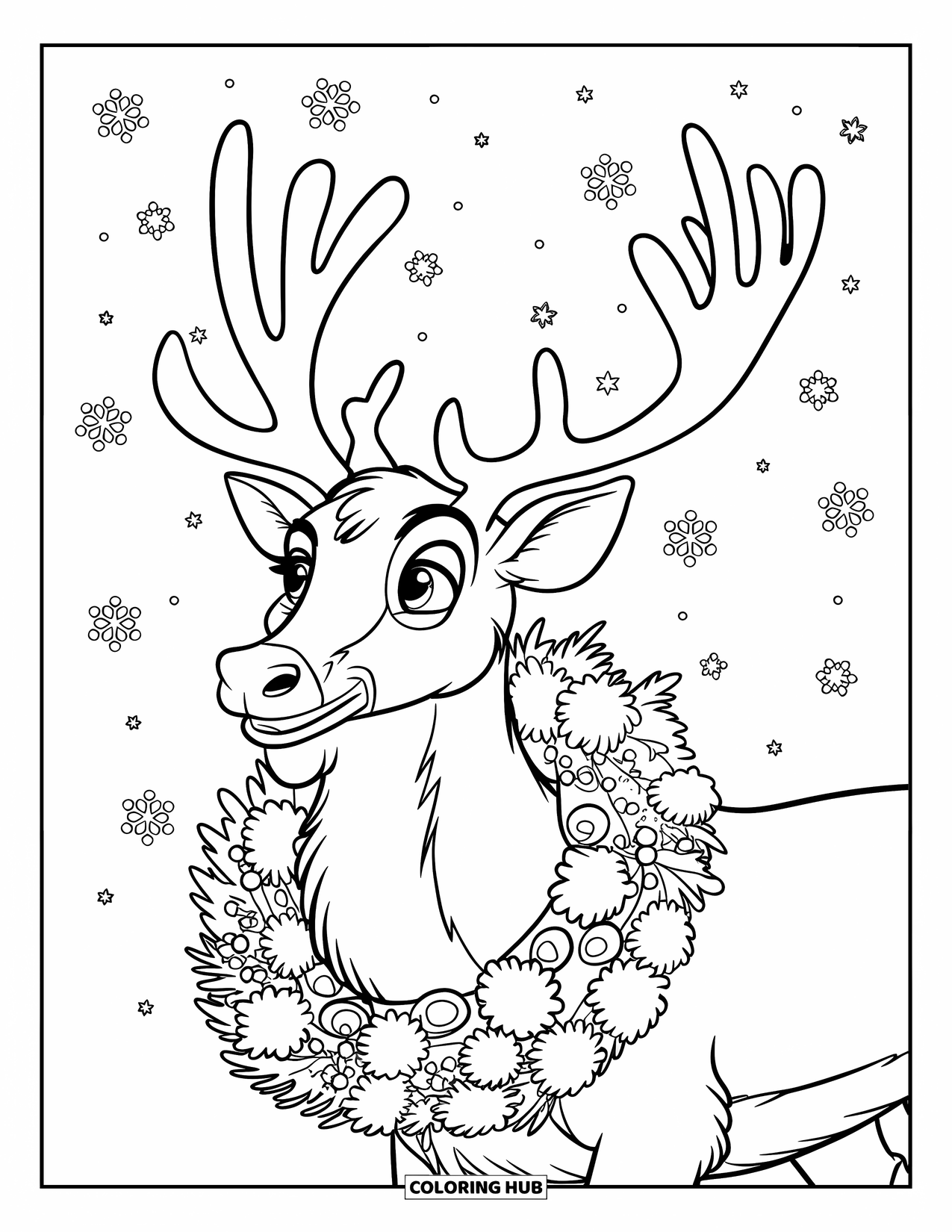 Reindeer Coloring Page for Kids: A reindeer with a wreath enjoys snowfall under a starry sky