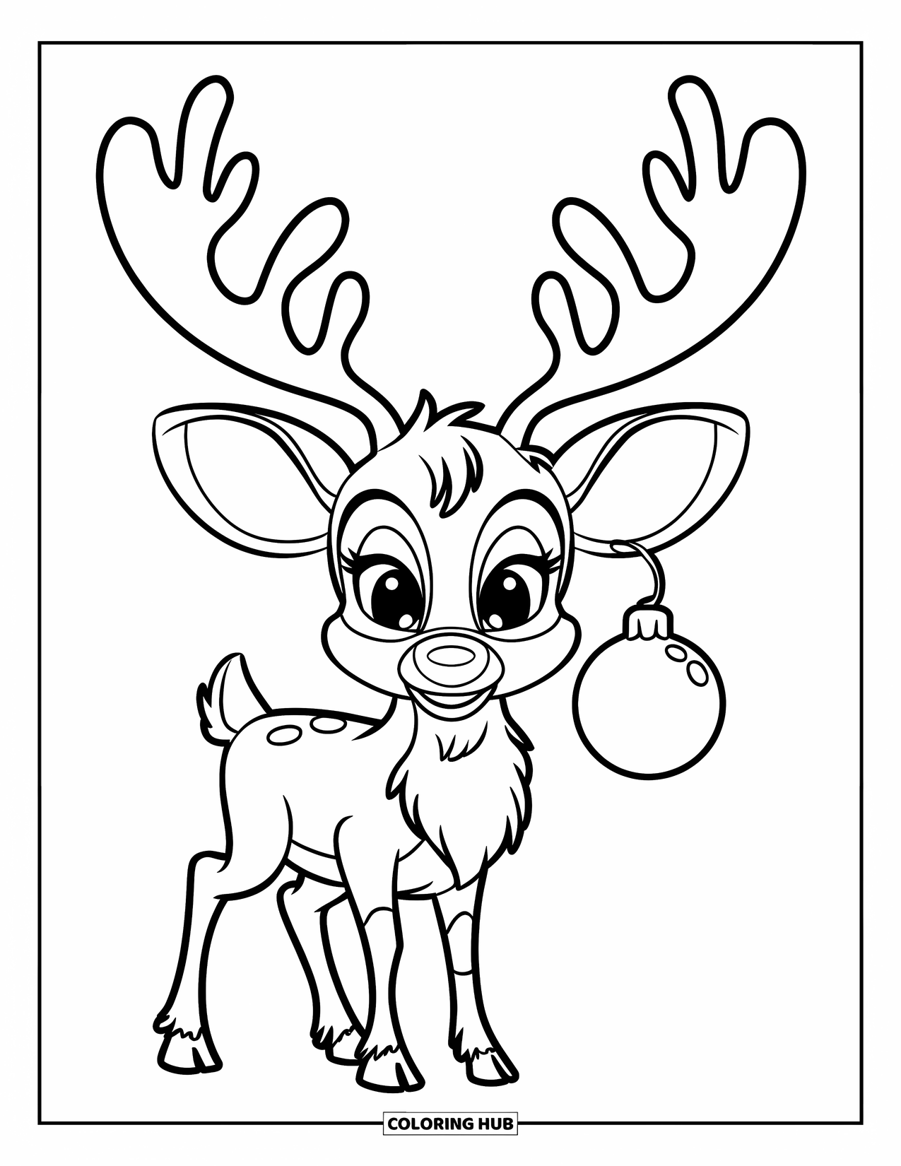 Reindeer Coloring Page for Kids: Big-eared reindeer with ornament dangles its antler over the snowy landscape