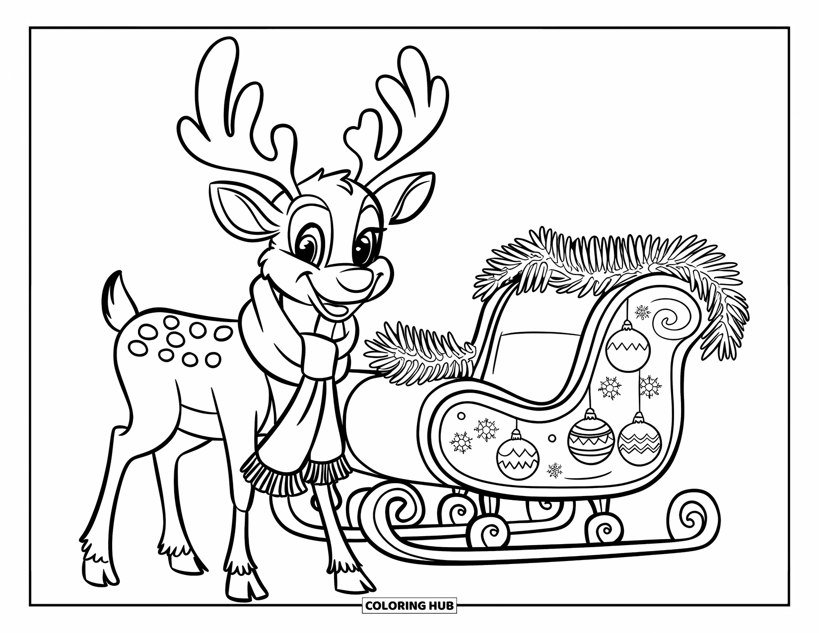 Reindeer Coloring Page for Kids: Cheerful reindeer with scarf stands beside Santa's sleigh in a snowy yard