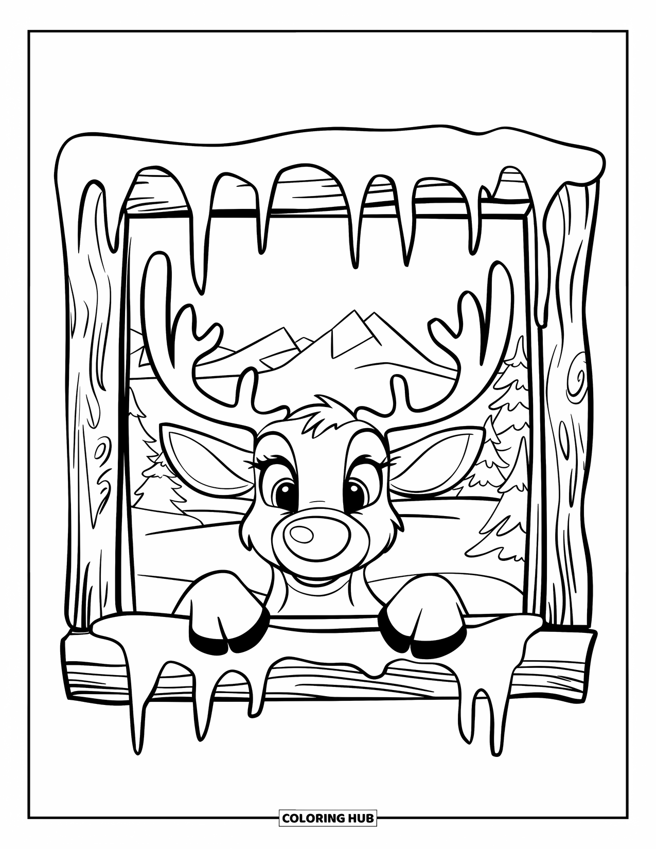 Reindeer Coloring Page for Kids: Cozy winter scene with a reindeer peeking through a window with icicles