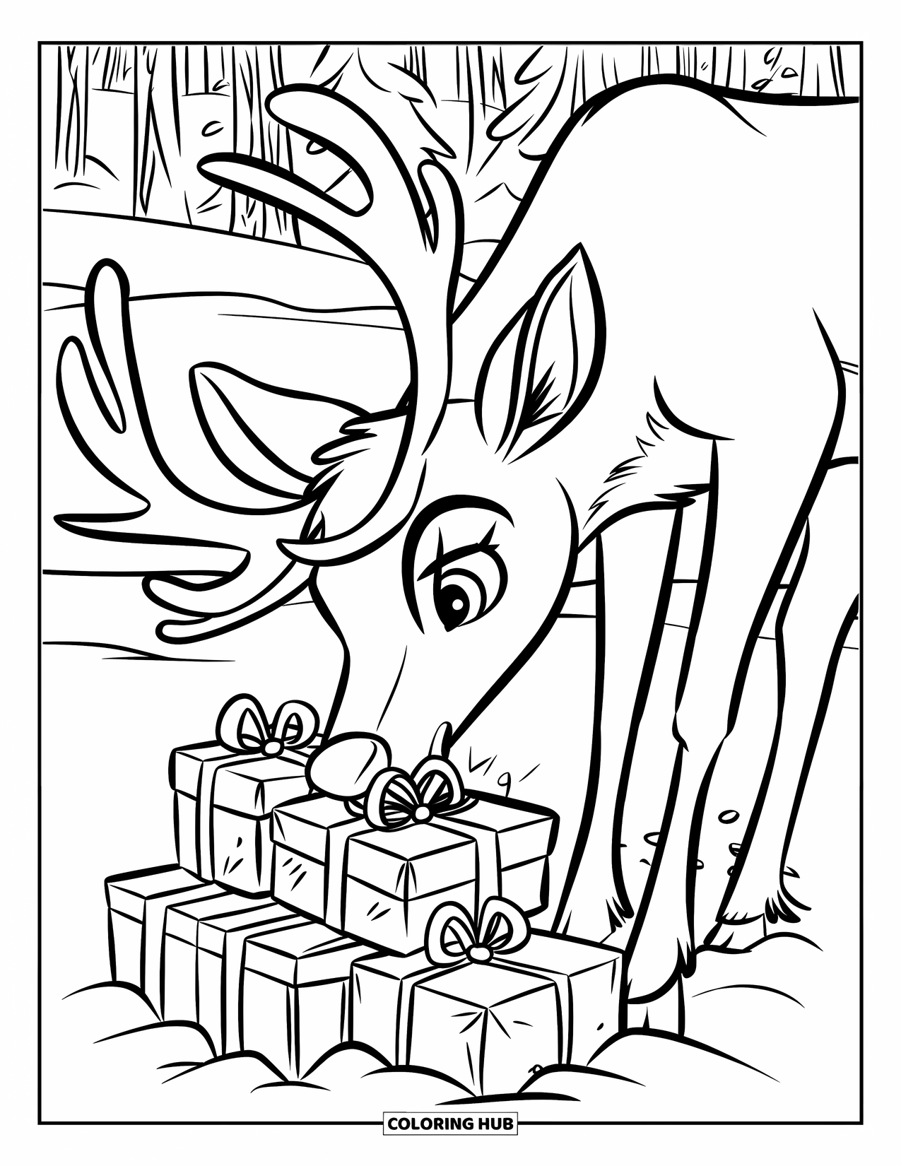 Reindeer Coloring Page for Kids: Curious reindeer sniffs shiny presents stacked in the snow under snowy trees