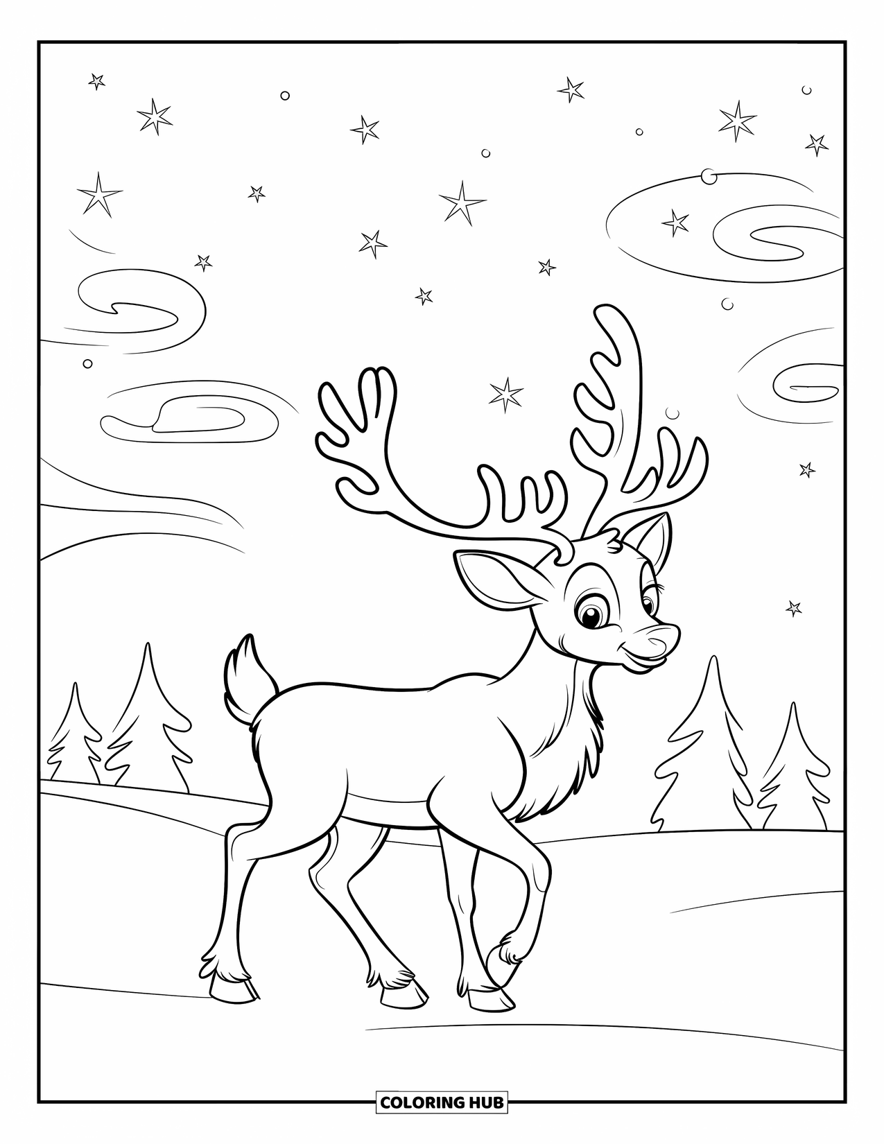 Reindeer Coloring Page for Kids: Curious reindeer walks under starry skies and swirly clouds with snowy trees nearby