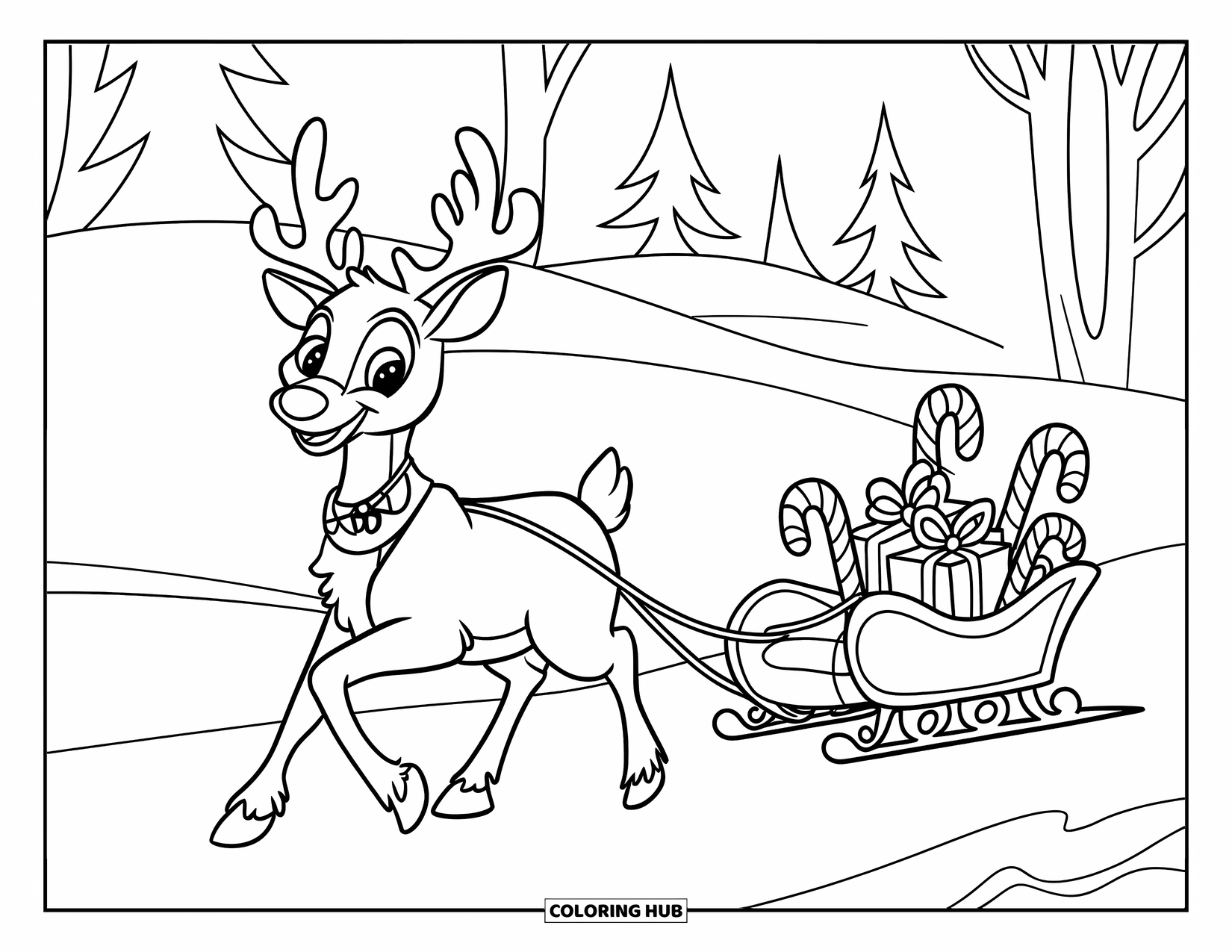 Reindeer Coloring Page for Kids: Festive reindeer pulls a decorated sled over snowy hills and pine trees