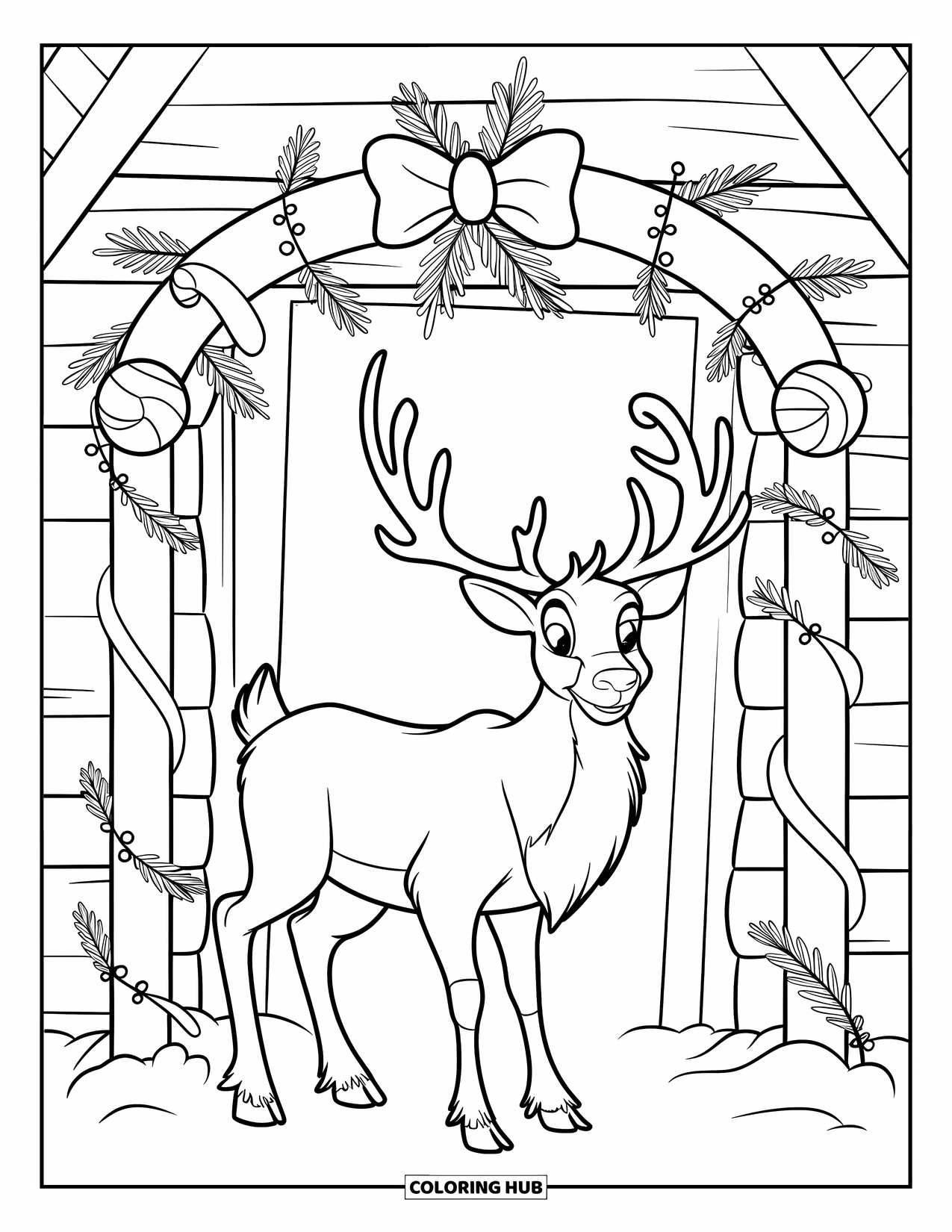 Reindeer Coloring Page for Kids: Festive reindeer stands under a decorated candy cane arch near a cozy cabin
