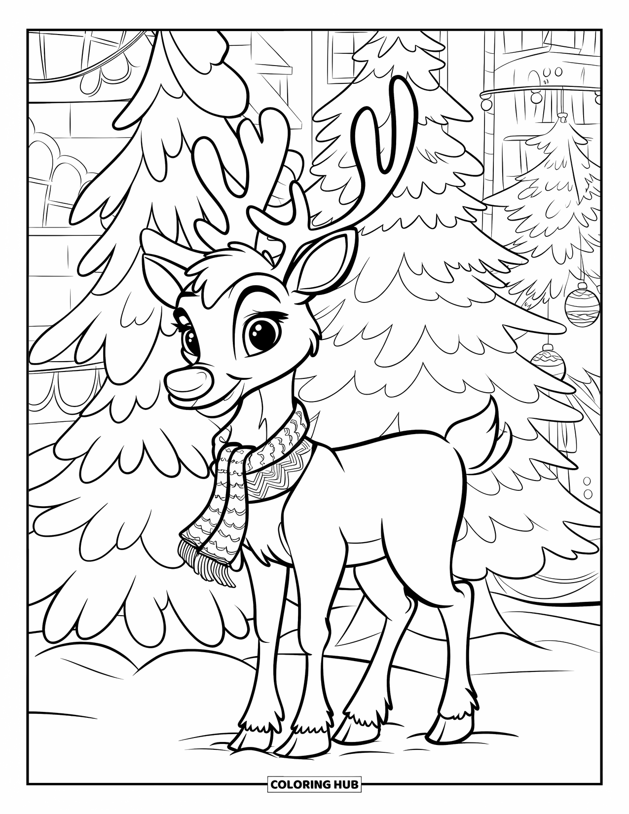 Reindeer Coloring Page for Kids: Festive reindeer with a scarf stands near trees with ornaments and snowy branches