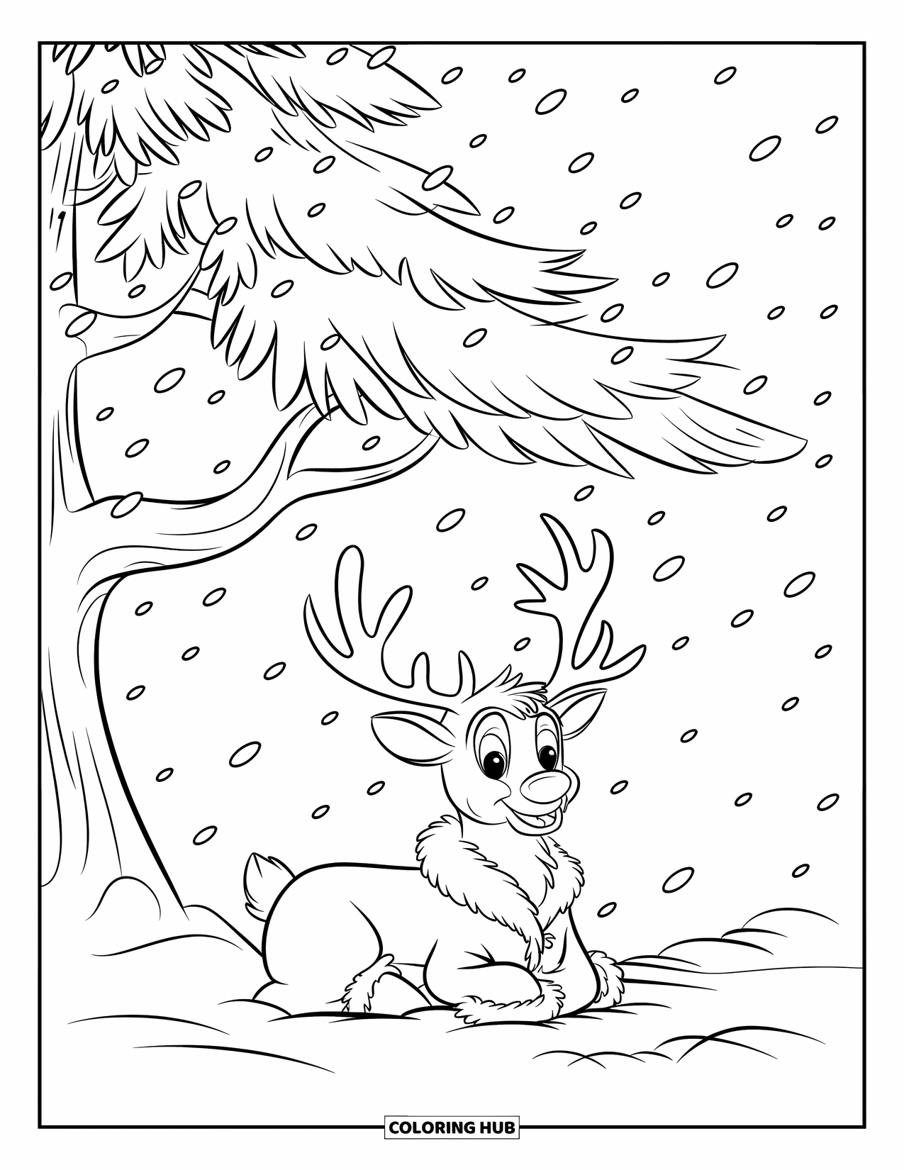 Reindeer Coloring Page for Kids: Fluffy reindeer sits under a snowy pine tree in a calm winter scene