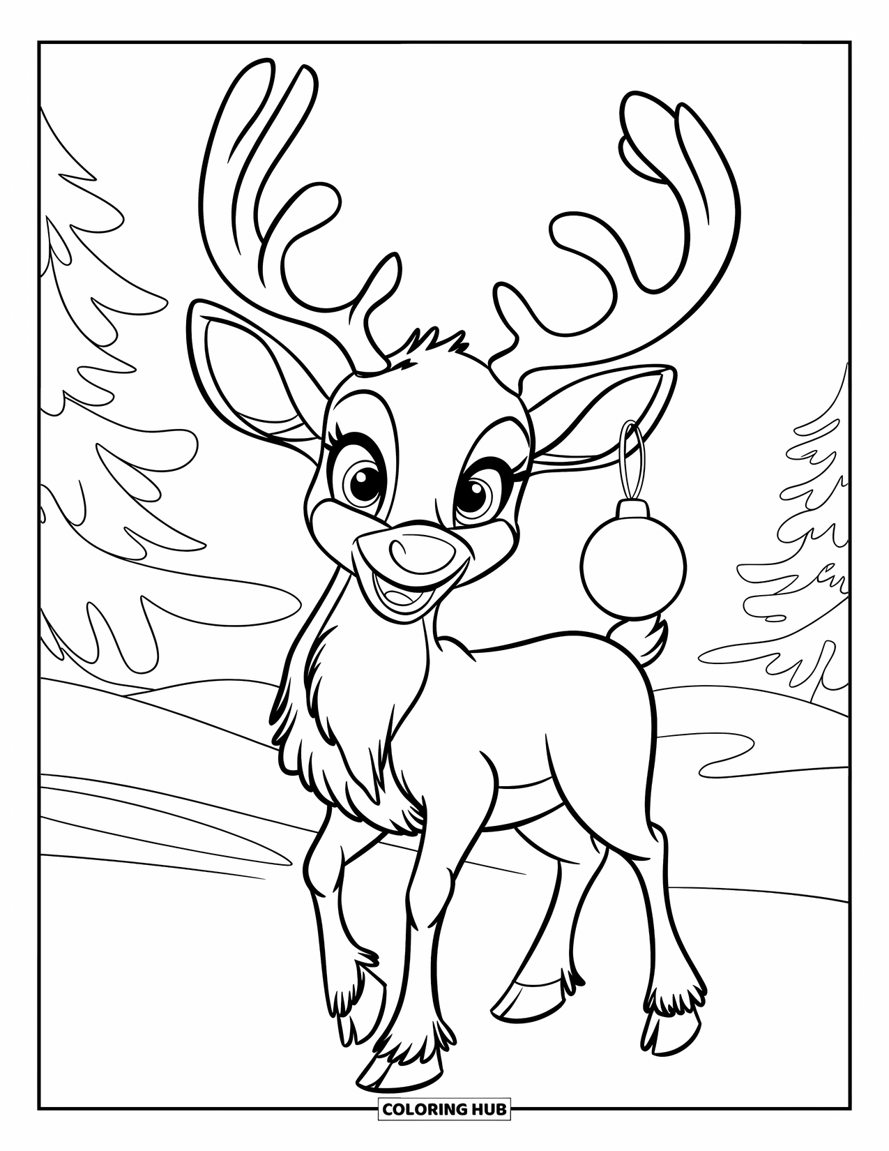 Reindeer Coloring Page for Kids: Goofy reindeer with big ears and one ornament stands on snowy ground