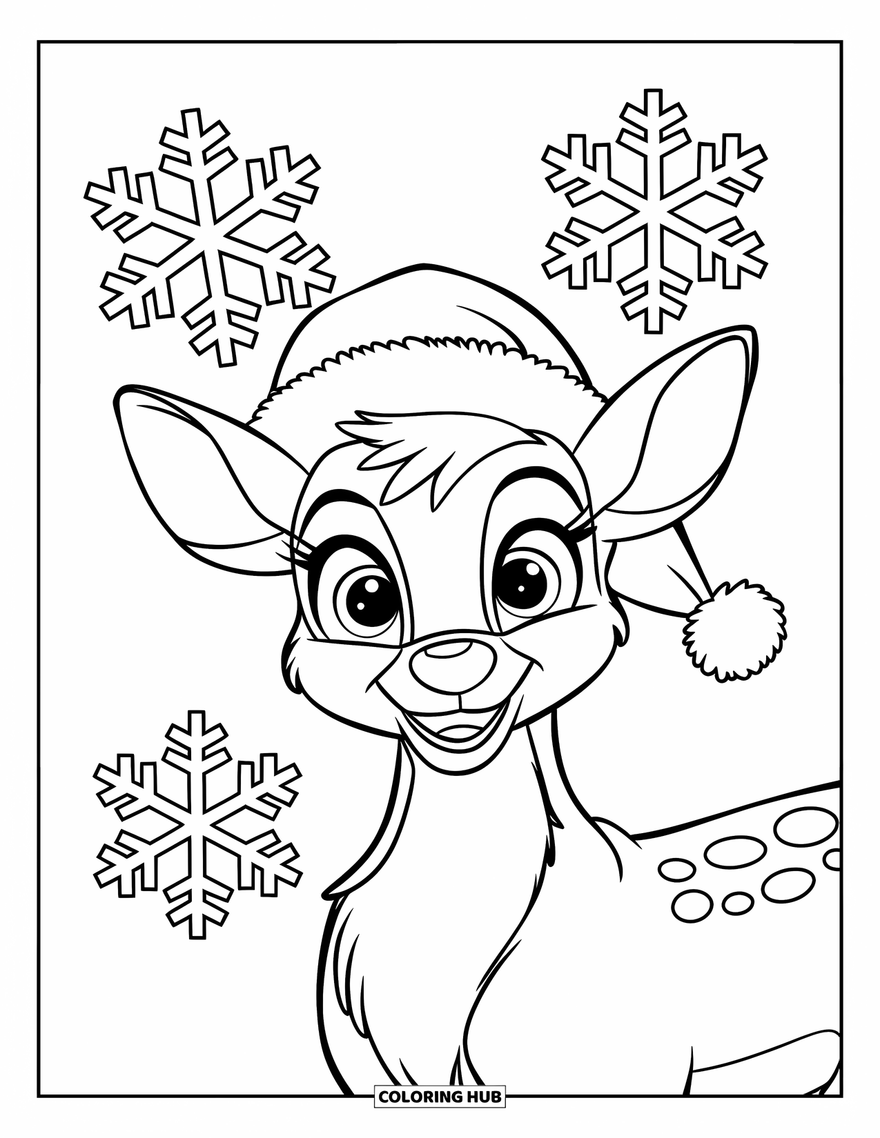 Reindeer Coloring Page for Kids: Happy reindeer in a winter hat surrounded by snowflakes