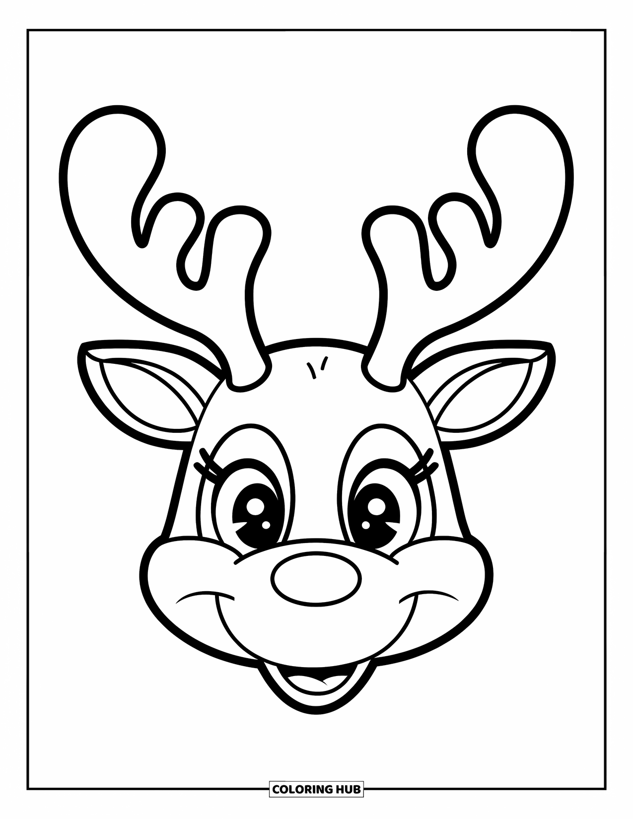 Reindeer Coloring Page for Kids: Happy reindeer with big antlers and round face smiles sweetly