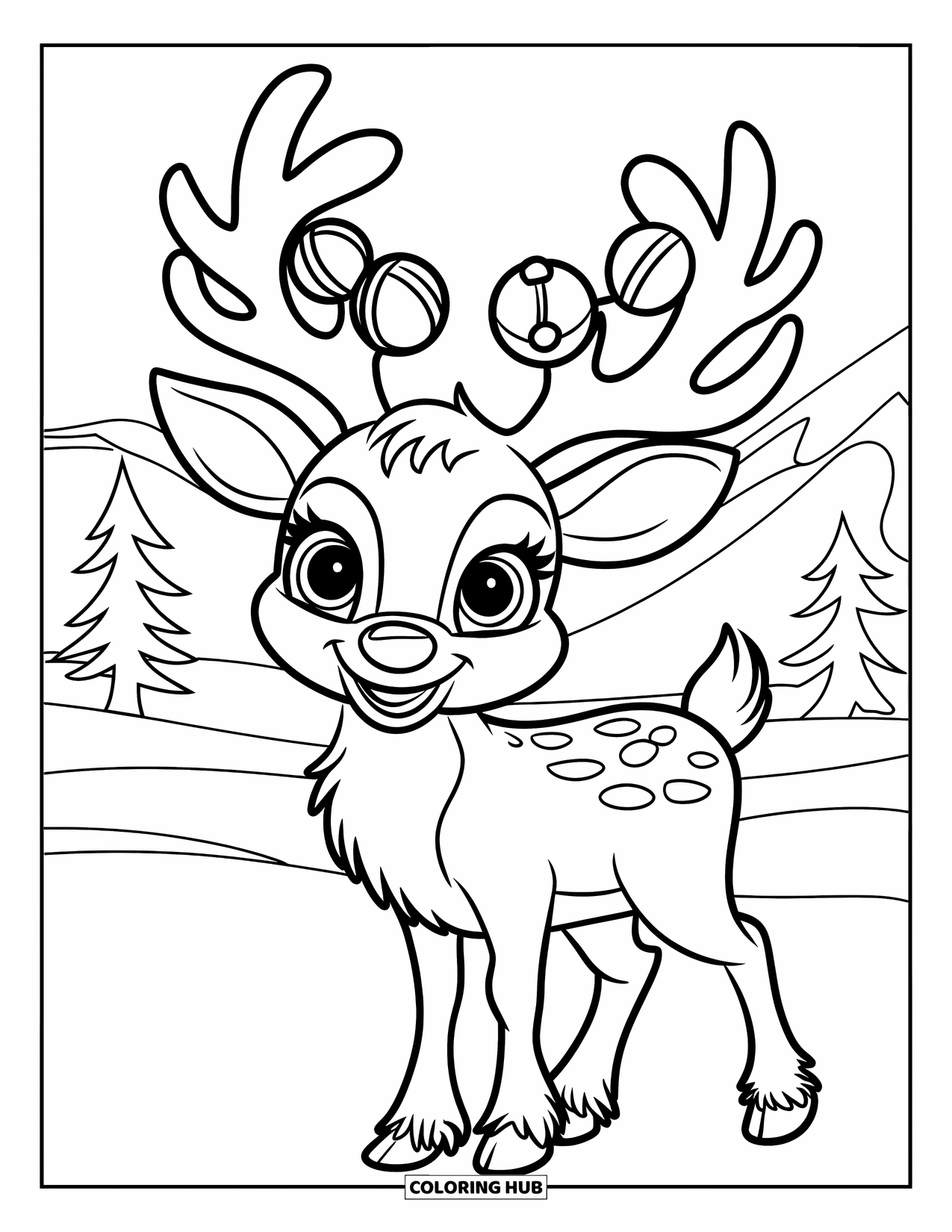 Reindeer Coloring Page for Kids: Jingling reindeer with red nose stands in a snowy forest