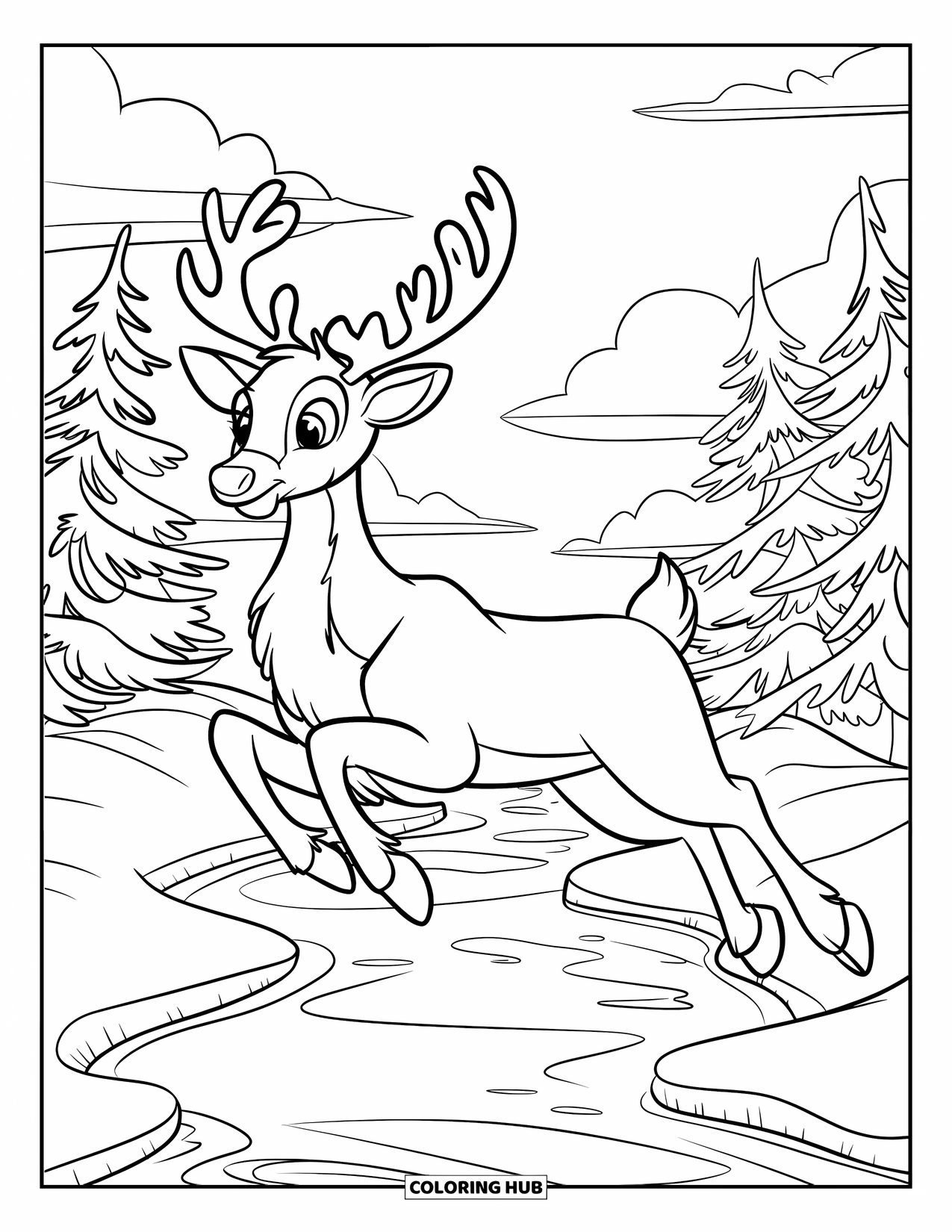 Reindeer Coloring Page for Kids: Joyful reindeer leaps across a frozen stream reflecting snowy trees and setting sun