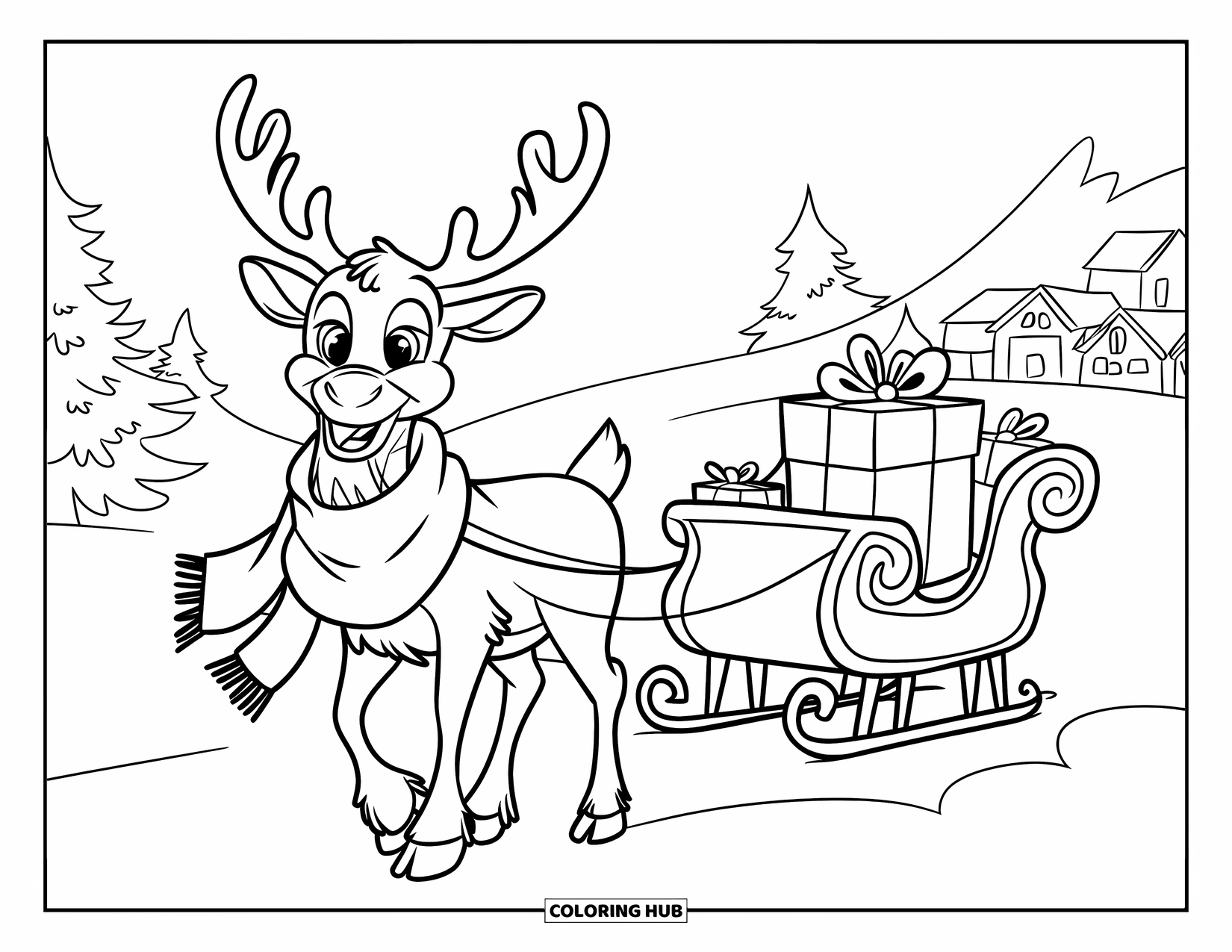Reindeer Coloring Page for Kids: Joyful reindeer with scarf and sleigh stands near snow-covered trees and village