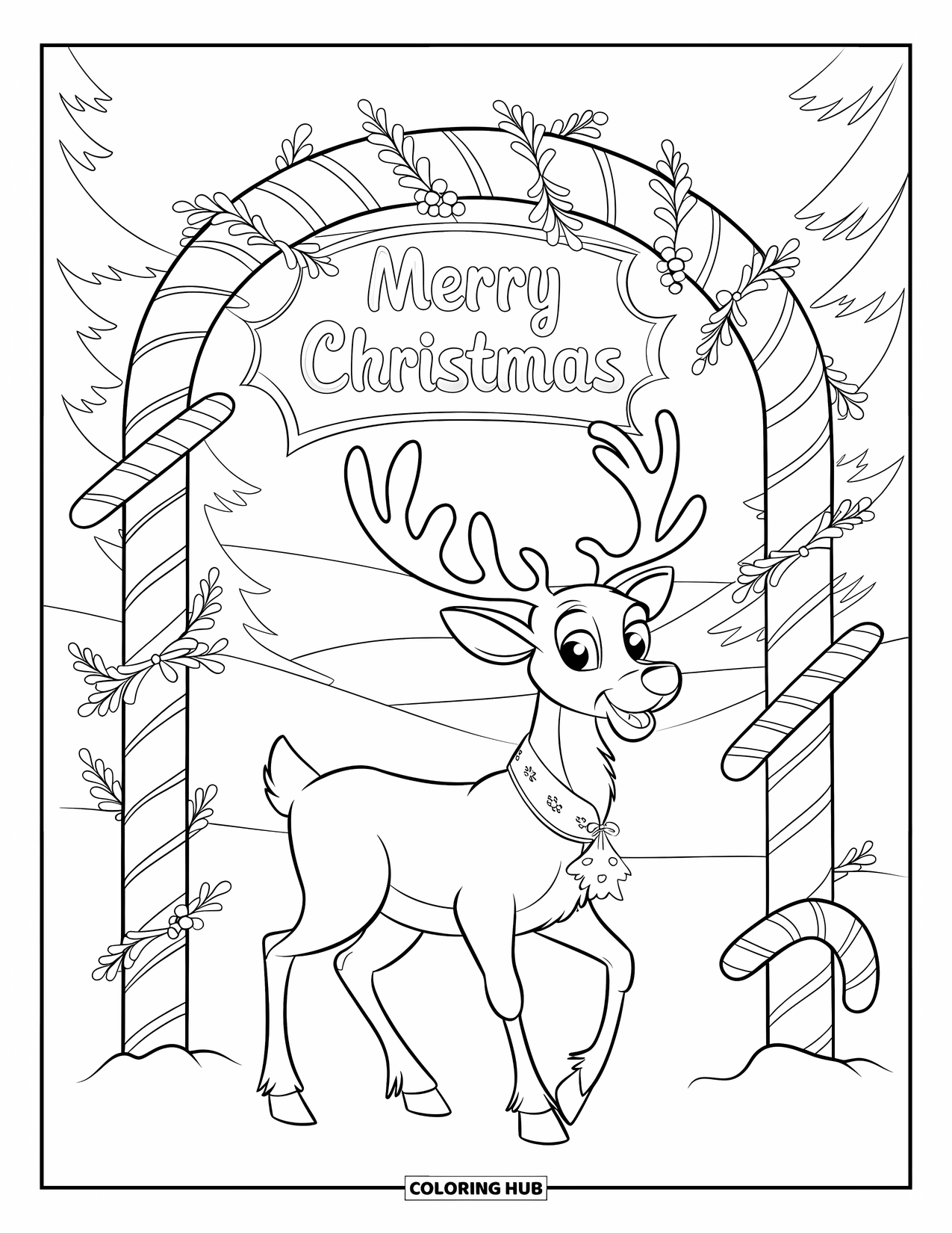 Reindeer Coloring Page for Kids: "Merry Christmas" hangs above a reindeer under a festive candy cane arch