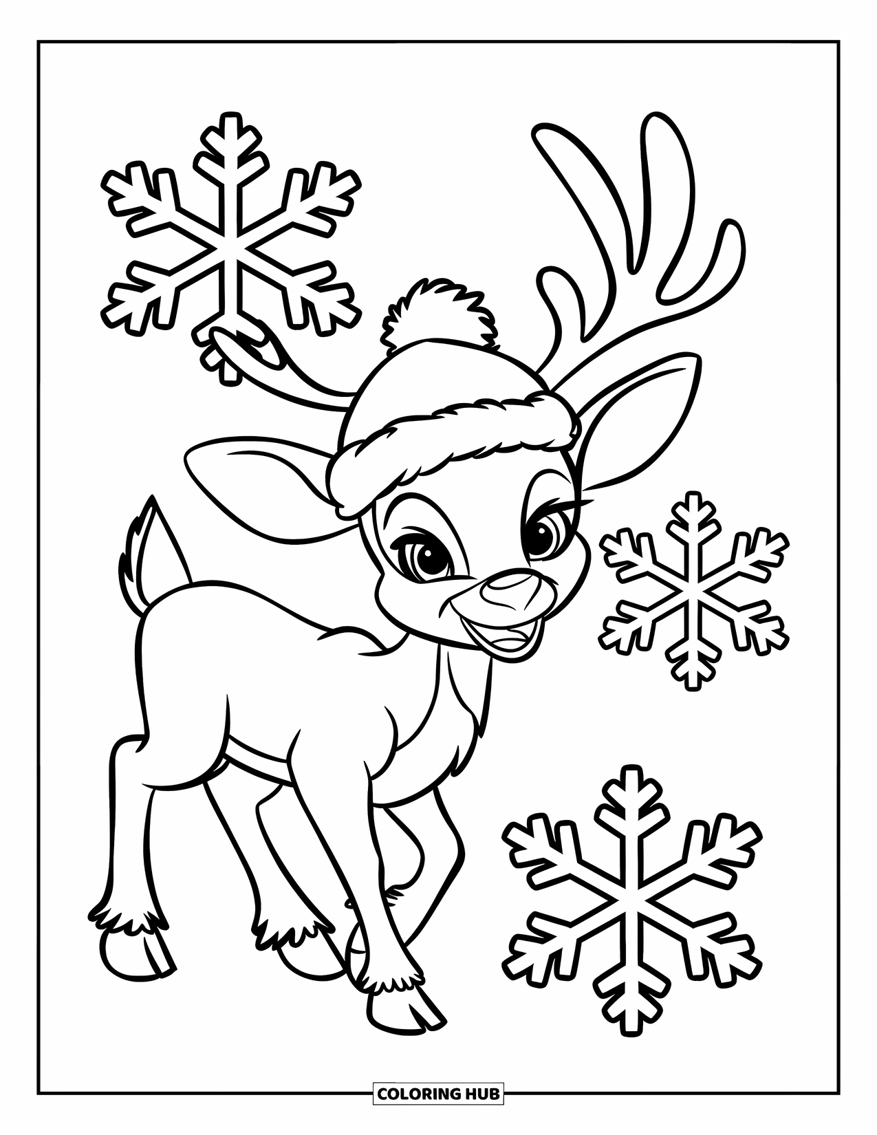Reindeer Coloring Page for Kids: Playful reindeer in a winter hat surrounded by bold, snowy flakes
