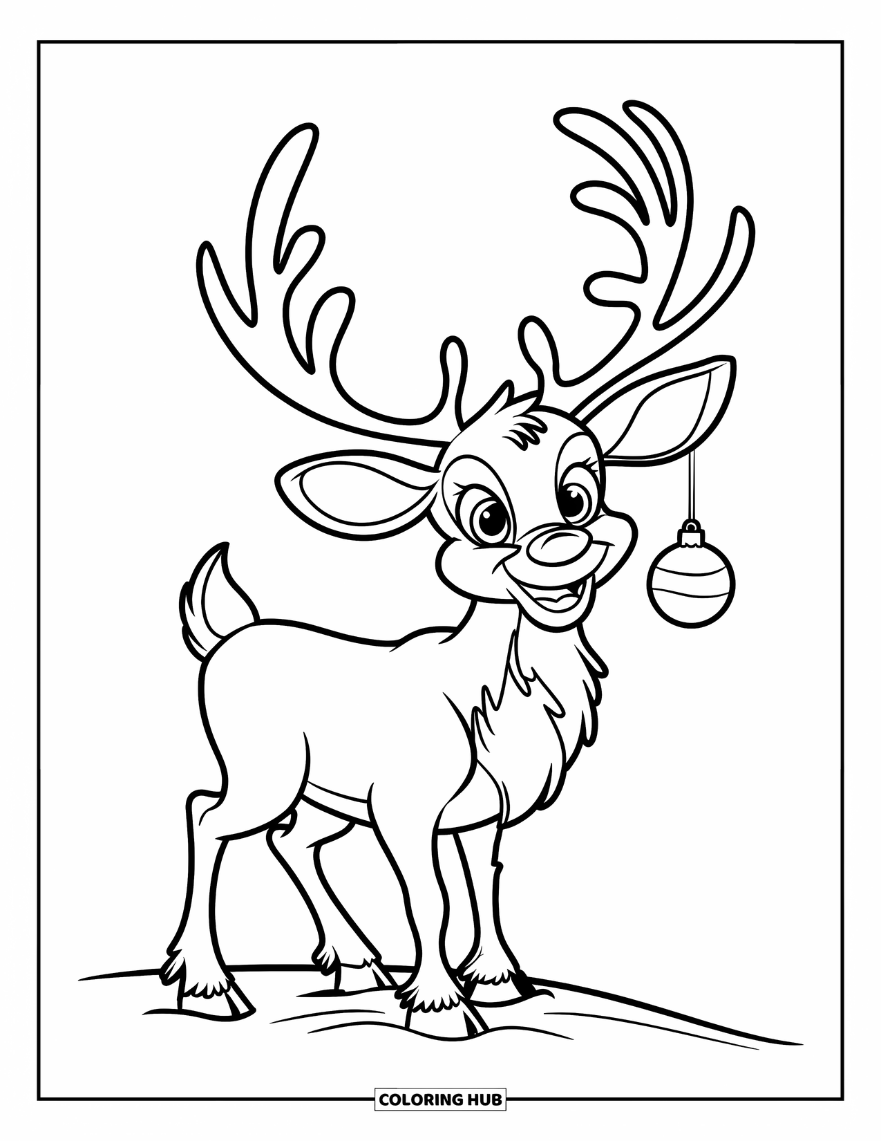 Reindeer Coloring Page for Kids: Playful reindeer with an ornament and big ears stands alone in the snow