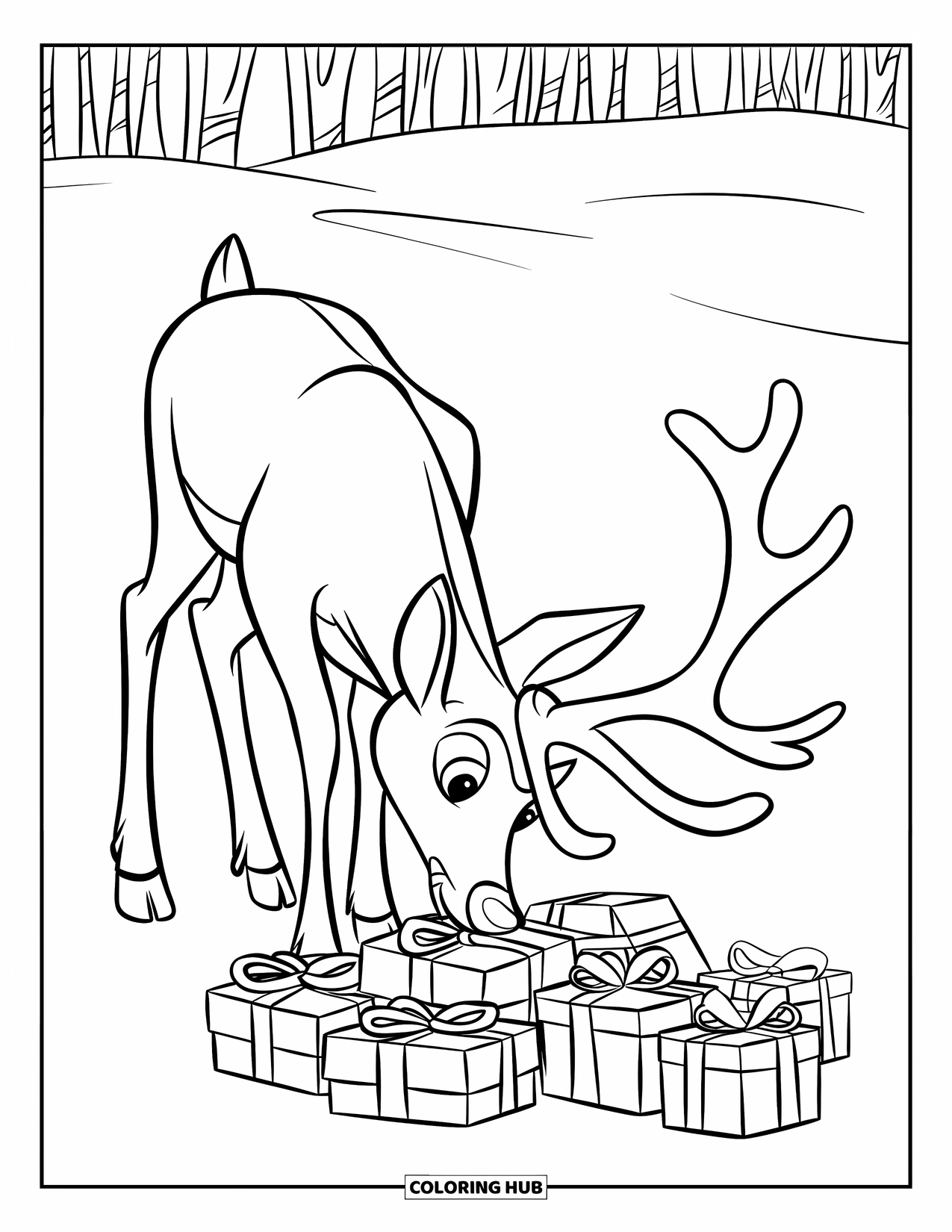Reindeer Coloring Page for Kids: Playful reindeer with big antlers checks out snowy presents with ribbons