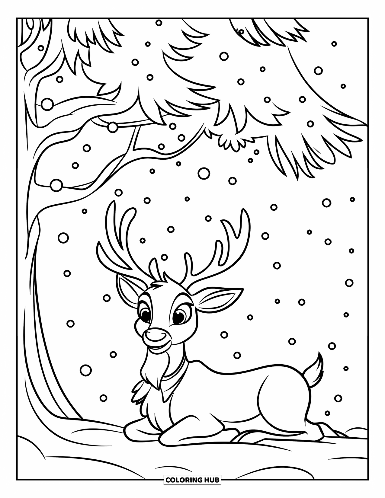Reindeer Coloring Page for Kids: Red-nosed reindeer sits under a snowy tree with stars above