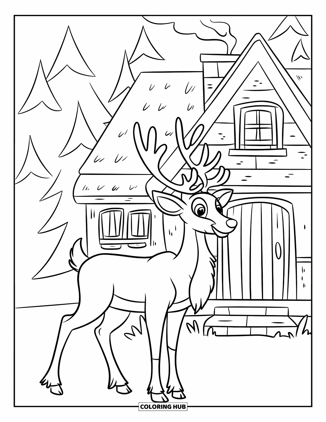Reindeer Coloring Page for Kids: Red-nosed reindeer stands beside a snowy cabin with smoke from the chimney