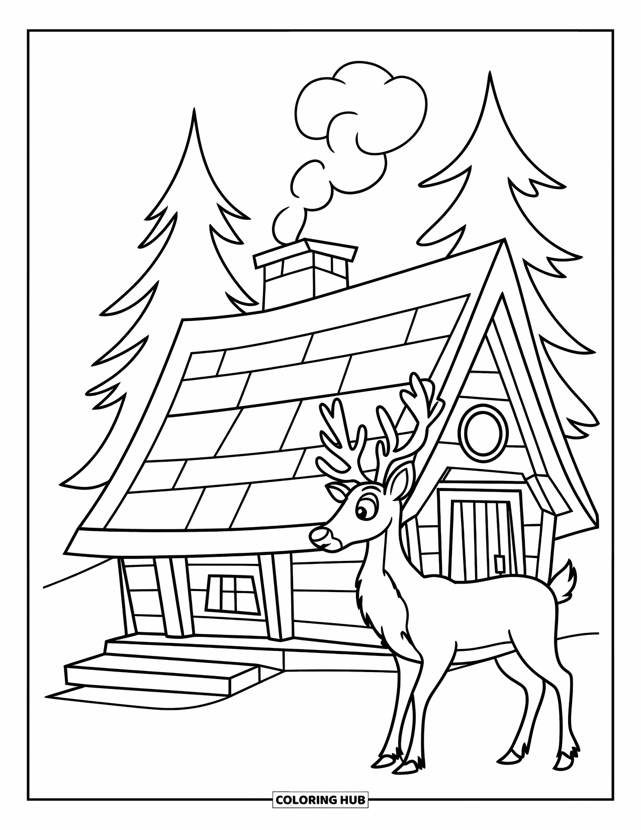 Reindeer Coloring Page for Kids: Reindeer and chimney smoke rise beside a cozy cabin with snowy trees