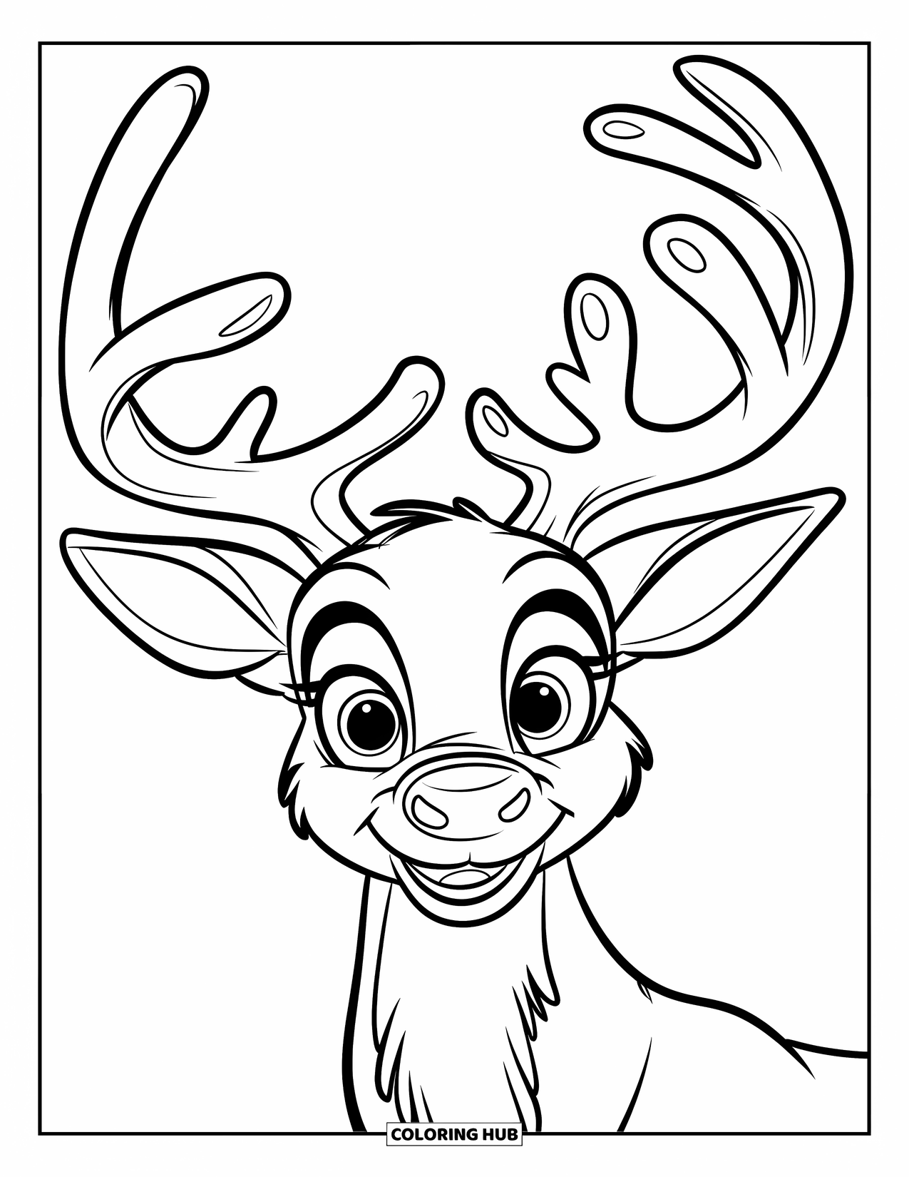 Reindeer Coloring Page for Kids: Reindeer face with curly antlers and a warm smile ready for coloring