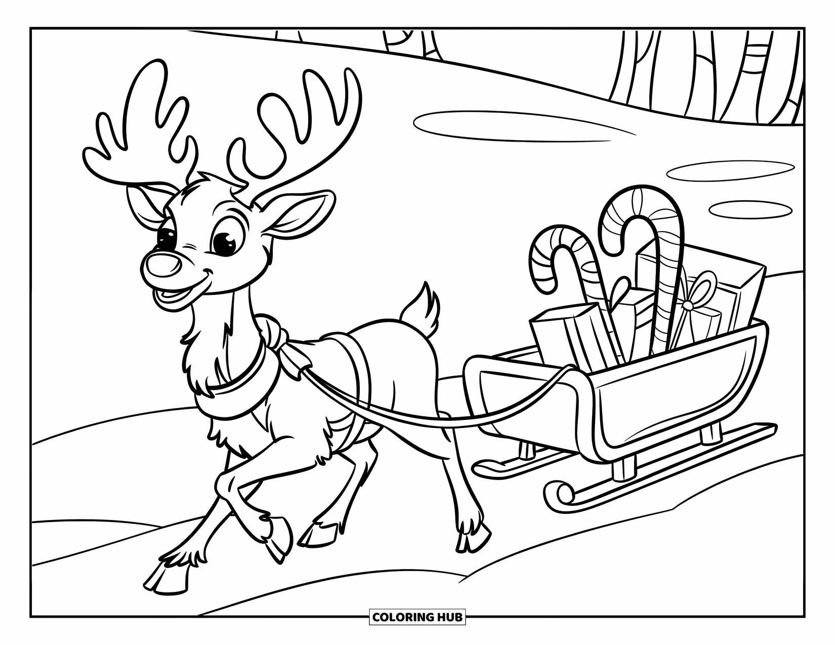 Reindeer Coloring Page for Kids: Reindeer hauls a festive sled with gifts and candy through snow-covered woods