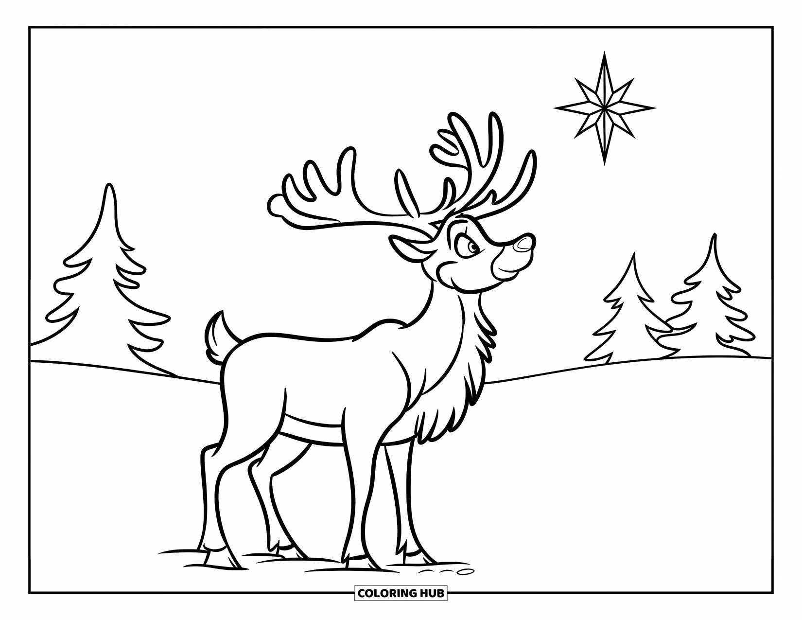 Reindeer Coloring Page for Kids: Reindeer in a snowy field looks up at the shining North Star