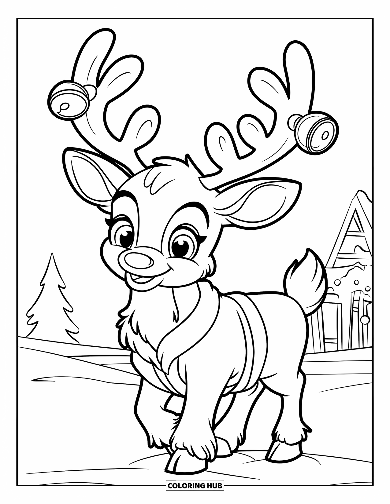 Reindeer Coloring Page for Kids: Reindeer in red suit jingles on snowy ground with trees nearby