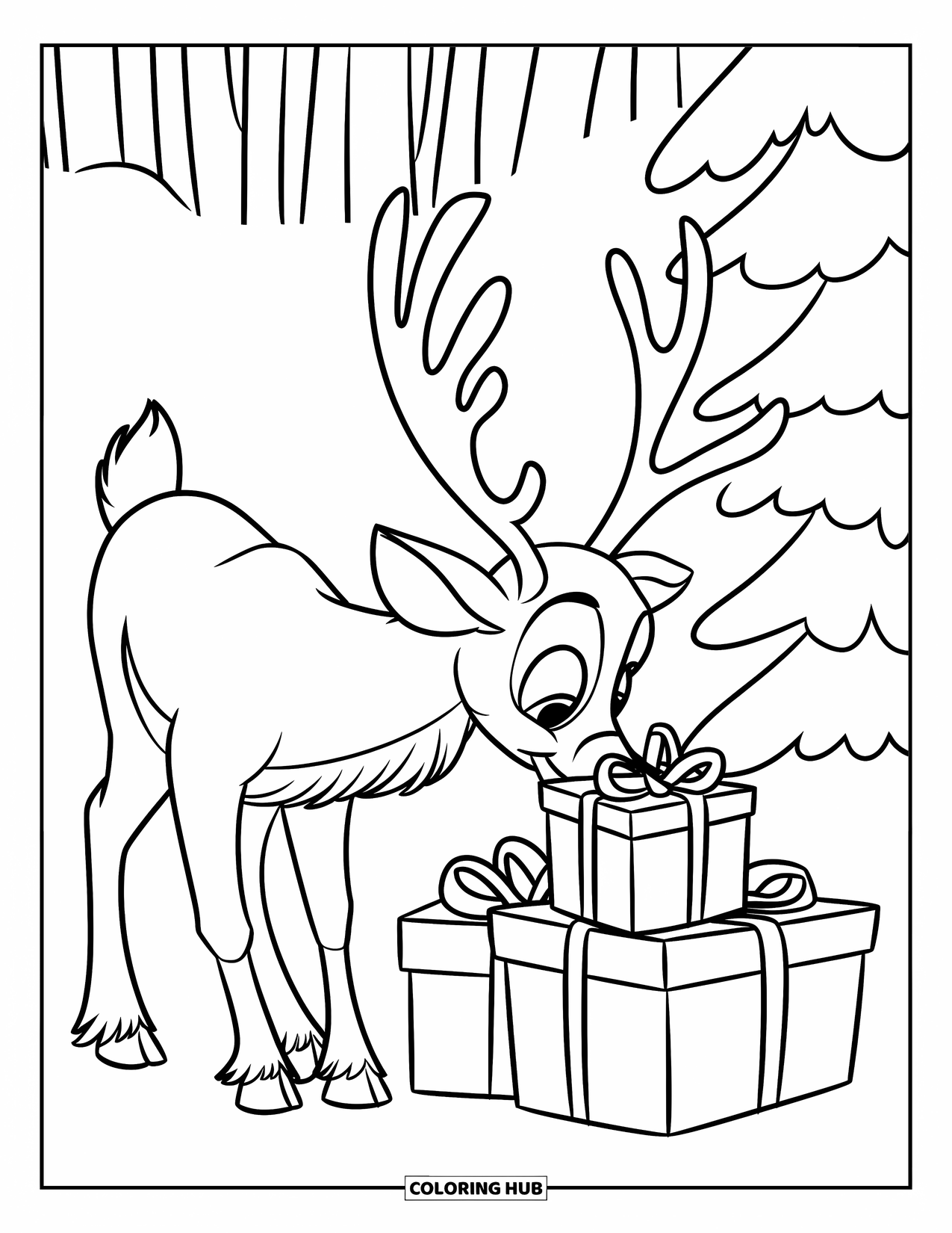 Reindeer Coloring Page for Kids: Reindeer investigates a stack of wrapped presents in a snowy clearing